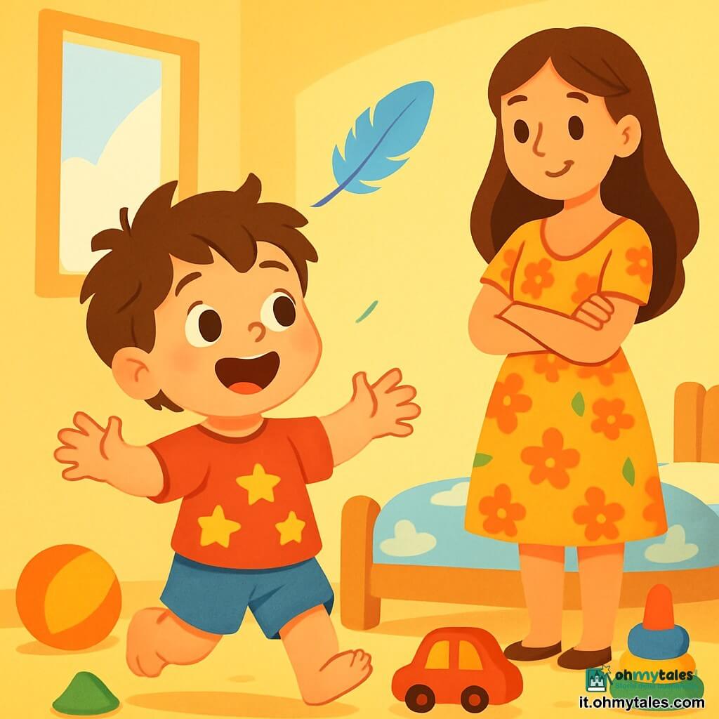 Un bambino di 2 anni, con capelli castani disordinati e grandi occhi pieni di curiosità, si trova al centro dell'immagine, ridendo gioiosamente. Indossa una maglietta rossa con stelle e pantaloni corti blu, mentre segue una piuma blu brillante che fluttua nell'aria. Accanto a lui, sua madre, una donna di circa 30 anni con capelli lunghi e castani, sorride osservandolo con le braccia incrociate, in una postura benevola. Indossa un vestito leggero a fiori e si tiene leggermente in disparte, in un atteggiamento incoraggiante. L'ambiente è una cameretta colorata, con pareti dipinte di giallo pastello, giocattoli sparsi sul pavimento e un letto in legno con lenzuola a motivi di nuvole. Una luce soffusa filtra da una finestra, creando un'atmosfera calda e accogliente. La scena principale mostra il bambino che ride e corre dietro alla piuma magica che volteggia attorno a lui, mentre la madre lo incoraggia con un sorriso, creando un momento pieno di gioia e meraviglia.