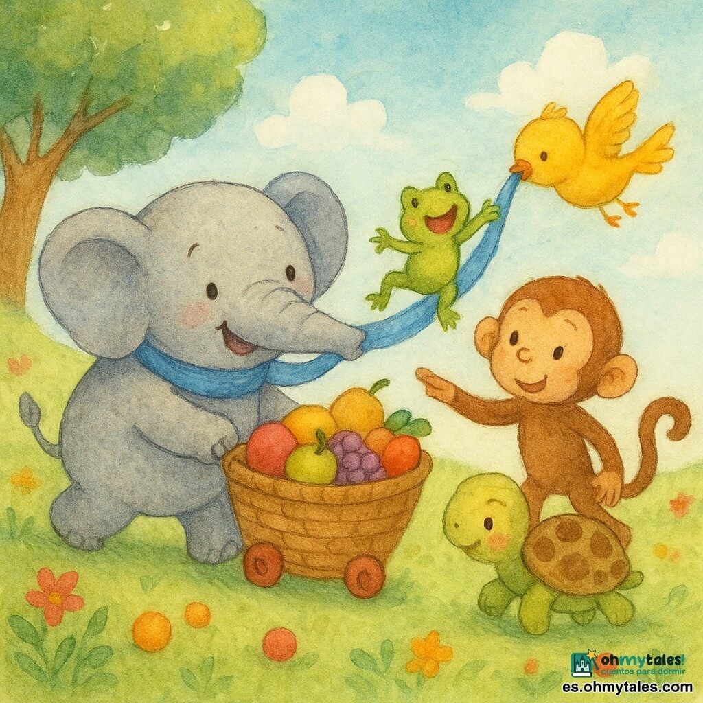 Un elefante gris de cuerpo redondo y grandes orejas sostiene una bufanda azul con la trompa mientras empuja una gran cesta de frutas por una colina; una pequeña rana verde salta en su trompa, un mono marrón con una banana está listo para atrapar la bufanda, una tortuga con gafas y caparazón moteado sobre ruedas rojas rueda detrás y un pájaro amarillo sujeta el extremo de la bufanda volando sobre el grupo; todo ocurre en una colina verde con flores, un gran árbol a la izquierda y un cielo azul pálido, en una escena alegre y animada.