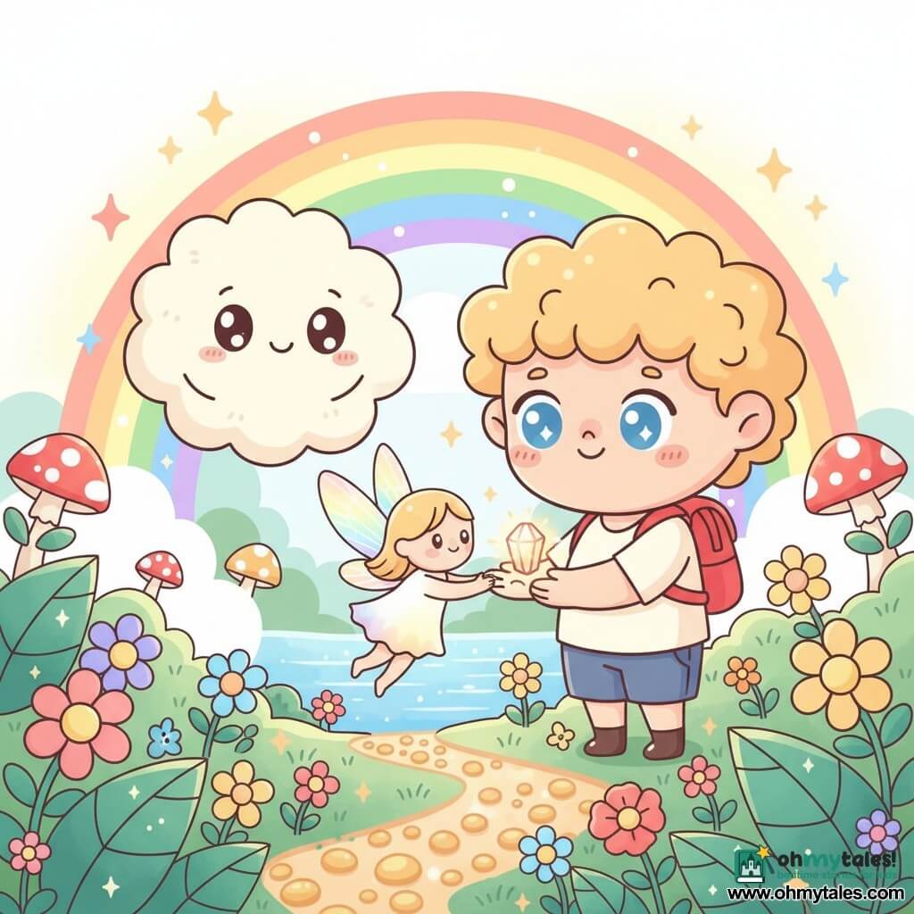 A smiling 4-year-old boy named Leo with curly blond hair, bright blue eyes and a small red backpack holds a tiny sparkling crystal handed to him by a delicate female fairy with translucent rainbow wings; behind him to the left a round pale cloud named Fluffy looks relieved and protective; the scene is a magical garden at the end of a rainbow with star-like multicolored flowers, emerald leaves, spotted mushrooms, golden stone paths and a shimmering river, Leo receiving the magical stone amid sparkling flowers and a vibrant descending rainbow, in a kawaii minimal style with simple shapes, clean lines, soft textures, a vivid pastel palette and warm, gentle lighting.