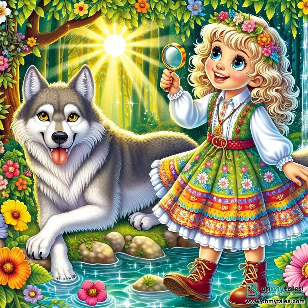 A 6-year-old girl named Lily stands by a sparkling stream, her eyes shining with curiosity and determination. She has curly golden-blonde hair and wears a colorful dress with floral patterns. In her hand, she holds a magnifying glass, ready to explore. Next to her, a big bad wolf with silver fur and golden eyes looks friendly and curious. He sits on his hind legs, gazing at Lily with a gentle smile, as if ready to make a new friend. The setting is an enchanted forest with tall trees, vibrant green leaves, colorful flowers growing around the stream, and sunlight filtering through the branches, creating a magical atmosphere. The main scene shows Lily and the wolf sharing a moment of companionship, with Lily joyfully smiling at the wolf as they prepare to search for berries together, illustrating their new friendship.