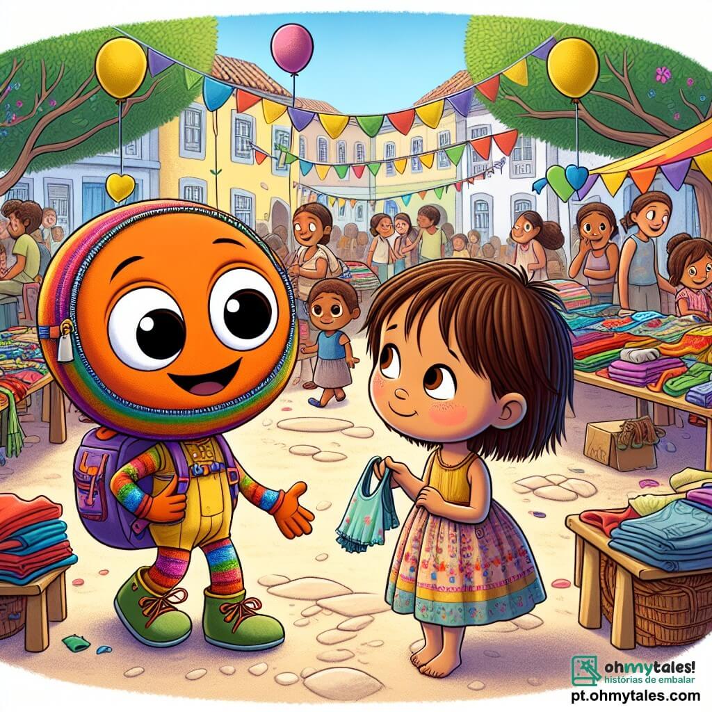 Momo, uma pequena mochila sorridente com alças coloridas e olhos brilhantes, está no centro da cena, irradiando alegria e entusiasmo enquanto organiza uma grande feira comunitária. Ao seu lado, Lila, uma menina de cabelos castanhos e olhos tristes, usa um vestido gasto mas colorido, sorrindo timidamente enquanto segura roupas para trocar. A cena acontece em uma praça movimentada da cidade de Vila Esperança, decorada com balões coloridos flutuando no ar, mesas com objetos para troca e famílias reunidas, conversando alegremente. Ao fundo, árvores verdes e flores vibrantes adicionam vida e calor à atmosfera. Momo, com sua energia contagiante, explica aos visitantes como trocar bens para ajudar os necessitados, enquanto Lila, encorajada por seu sorriso, começa a se juntar a outras crianças, trazendo uma luz de esperança em seus olhos.