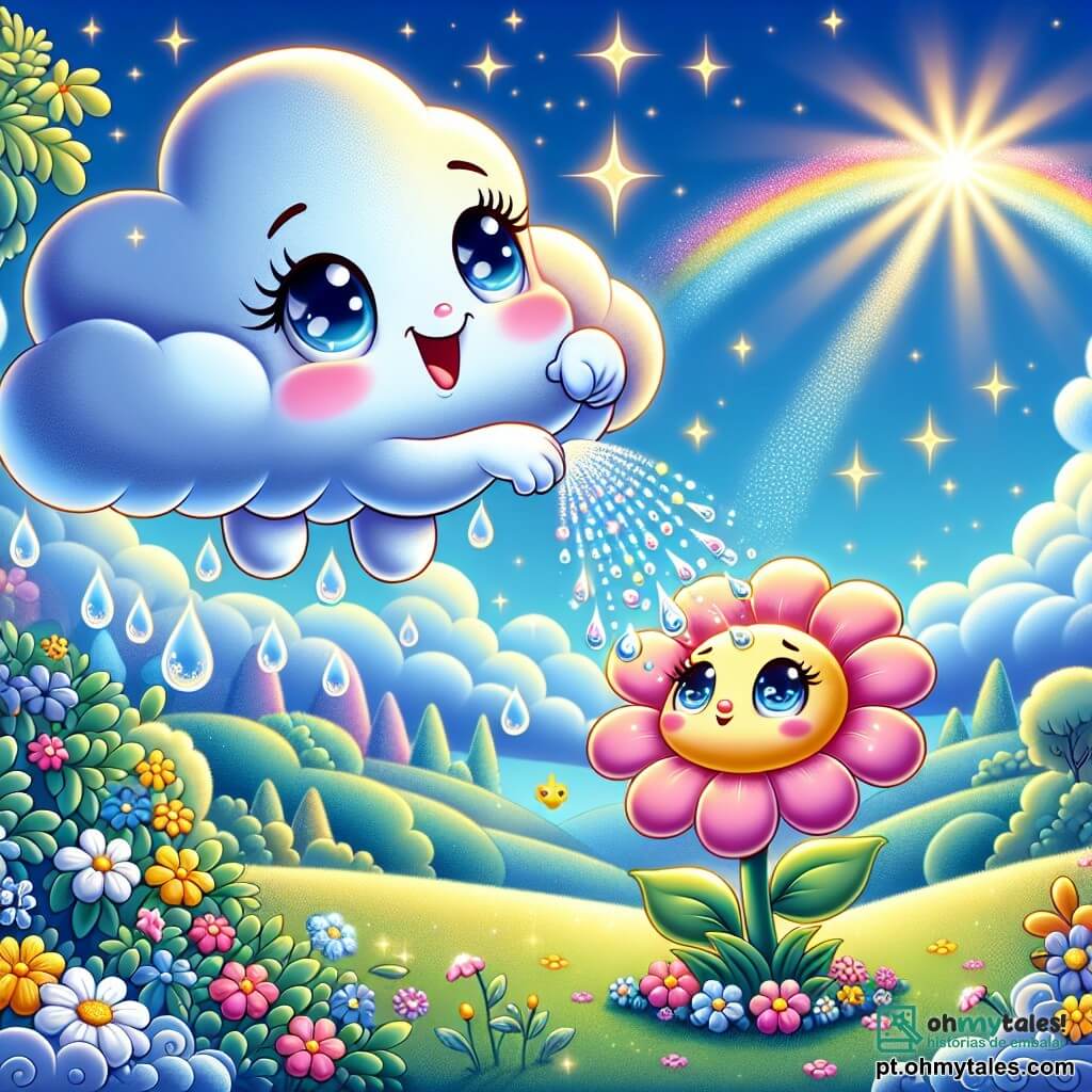 No centro da imagem, uma pequena nuvem sorridente, Nubecita, flutua em um céu azul brilhante, com contornos suaves e arredondados, e brilhos cintilantes que refletem sua alegria. Ela chora suavemente gotas de chuva, iluminadas pelo sol, que caem sobre uma flor colorida. Ao lado dela, uma bela flor chamada Florinda, com pétalas rosas e amarelas, se ergue, seus olhos brilhando de gratidão e felicidade, enquanto se estica em direção à luz, absorvendo as gotas de chuva com admiração. Ao fundo, uma paisagem encantadora de colinas verdes e árvores majestosas, sob um céu salpicado de nuvens fofas, cria uma atmosfera mágica e pacífica. A cena principal mostra Nubecita ajudando Florinda a recuperar sua vitalidade, simbolizando a ajuda mútua e generosidade, enquanto um arco-íris começa a se formar ao longe, acrescentando um toque de magia a essa cena de solidariedade.
