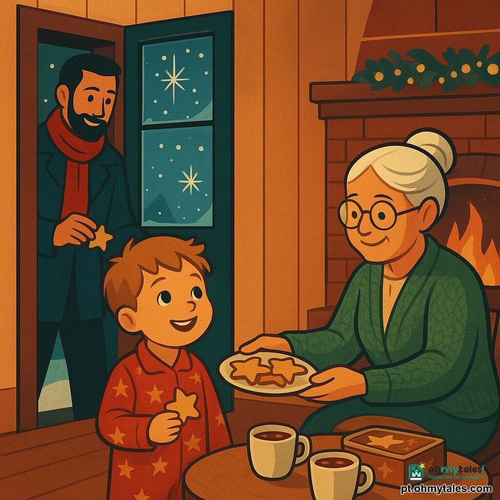 Um menino de 4 anos, rosto redondo, cabelo castanho-claro desgrenhado, olhos brilhantes e sorriso maravilhado, veste pijama vermelho com estrelas douradas, segura um biscoito em forma de estrela e olha pela janela; uma avó (~70 anos) de cabelo branco preso em coque, óculos redondos e sorriso doce, veste um cardigan verde tricotado, sentada junto à lareira oferecendo um prato de biscoitos; um vizinho (~30 anos) aparece brevemente na porta com casaco azul e cachecol vermelho, sorri e recebe um biscoito do menino; interior acolhedor de sala de vila nevada com paredes de madeira clara, grande janela gelada com flocos visíveis, lareira com lenha e luzes douradas, pequena mesa de madeira com canecas de chocolate quente e lata de biscoitos; cena principal: manhã de Natal após ver uma estrela cadente, partilha de biscoitos e alegria comum, luzes quentes, contrastes suaves entre vermelho, verde e dourado, texturas visíveis do tricot, da neve e da madeira, perspetiva ligeiramente em contraponto, composição simétrica com formas geométricas art déco estilizadas, cores saturadas mas suaves, ambiente reconfortante e mágico.