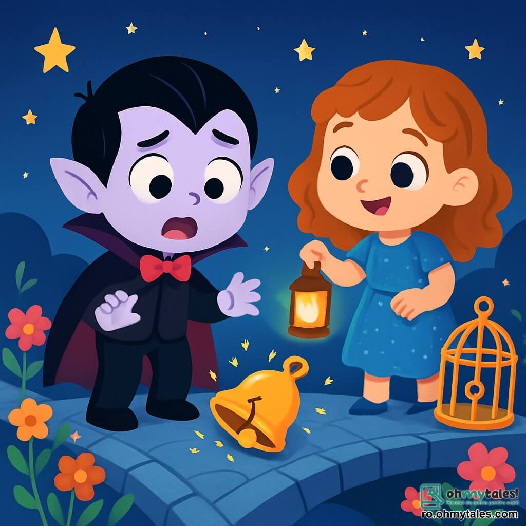 Un vampir mic pe nume Vio, cu părul negru și mătăsos, ochi rotunzi și strălucitori de curiozitate, stă pe un pod magic. Fața lui exprimă surpriză și îngrijorare, în timp ce se uită la un clopoțel rupt la picioarele sale, înconjurat de mici scântei luminoase. Lângă el, o fetiță cu părul ondulat, de 8 ani, îmbrăcată într-o rochie albastră strălucitoare, observă cu uimire. Ea ține o mică lanternă care luminează calea, cu ochii strălucind de bucurie și entuziasm. Podul este făcut din pietre strălucitoare și este înconjurat de flori colorate care dansează în ritmul unei brize ușoare. Stele strălucitoare iluminează cerul nopții, creând o atmosferă magică. În această scenă, Vio trebuie să repare clopoțelul rupt pentru a elibera o creatură prinsă într-o cușcă aurie, în timp ce fetița îl încurajează cu un zâmbet plin de speranță.