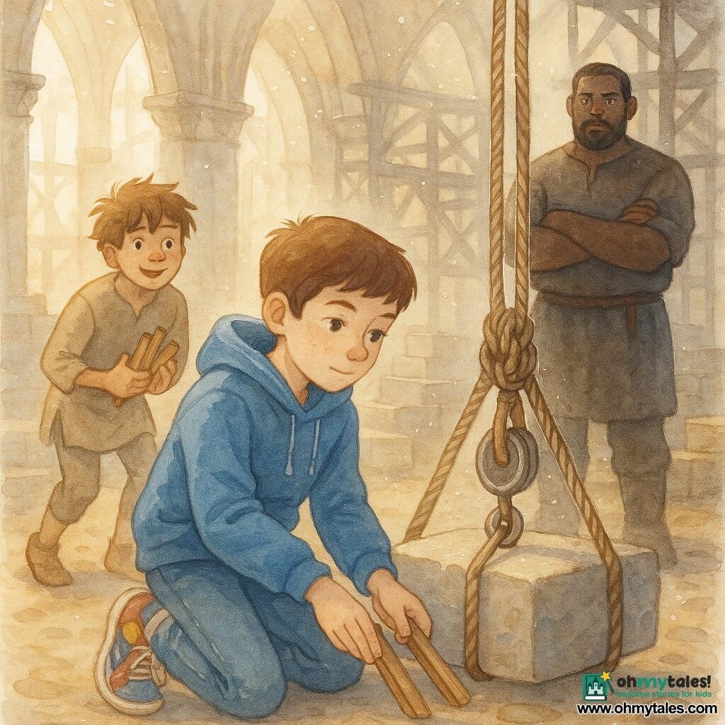 A focused, calm 12-year-old boy named Milo with soft features, short brown hair and dust on his face, wearing a modern blue hoodie, jeans and colorful sneakers kneels to wedge two wooden pegs under a thick rope to stop a falling stone; behind him a mischievous, admiring boy of the same age with messy hair in a simple beige tunic half-crouches holding a bundle of pegs, while a robust, stern but grateful ~45-year-old man with a square beard and a dark, stone-stained tunic stands a few steps away with arms crossed, watching with worry and relief; the setting is a medieval cathedral construction site with unfinished stone arches, dark wooden scaffolding, stacked blocks, pulleys and ropes and golden dust in sunbeams, the scene focused on Milo’s precise, tense action under warm dramatic light.