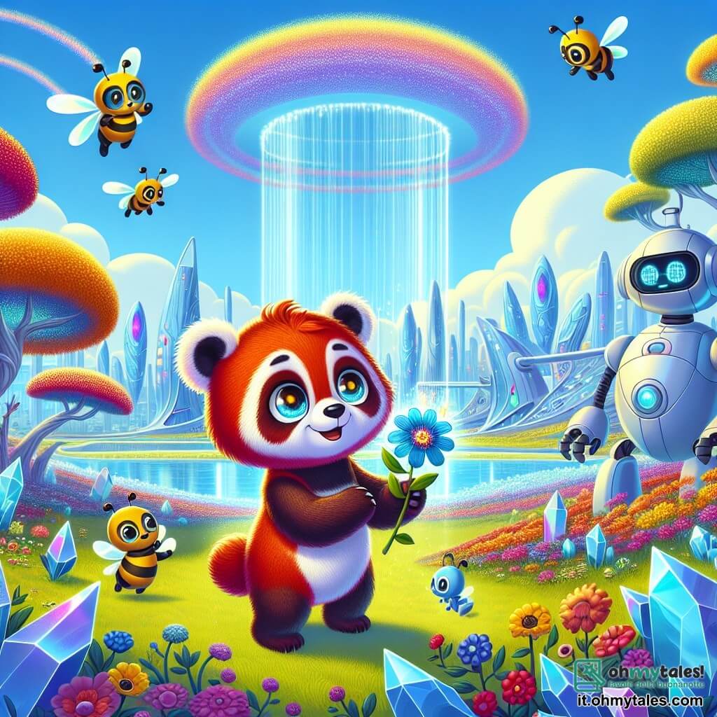 Al centro dell'immagine, un piccolo panda rosso di nome Rino, con un pelo splendente e occhi pieni di curiosità, si trova davanti a un magnifico giardino volante, un sorriso radioso illumina il suo volto. Le sue piccole zampe sono tese verso un raggio di luce che proviene da un fiore blu brillante che ha appena raccolto. A destra, un robot amichevole, dalle forme arrotondate e occhi luminosi, osserva Rino con ammirazione, i suoi bracci meccanici alzati in segno di incoraggiamento. Il giardino volante è sospeso nell'aria, pieno di fiori colorati con petali scintillanti, mentre alberi di cristallo si ergono intorno, riflettendo arcobaleni nel cielo blu chiaro. In secondo piano, la città futuristica di Città Arcobaleno si dispiega con i suoi edifici in vetro dalle forme organiche, creando un paesaggio incantevole. La scena principale mostra Rino mentre pianta il fiore blu nel giardino, circondato da robot e animali che lo applaudono, celebrando così l'armonia tra natura e tecnologia nella loro città magica.