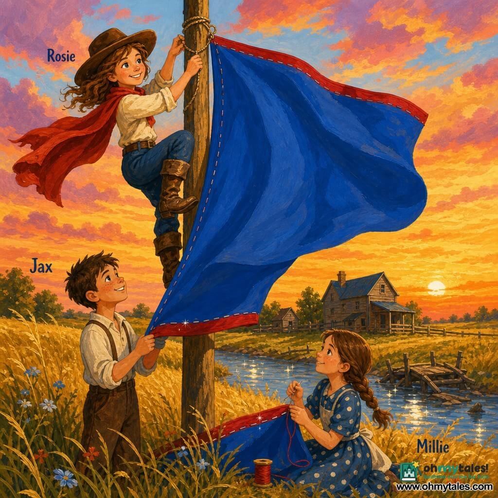 A young woman named Rosie, brave and smiling, wears a large brown hat, a flowing red scarf and shiny boots as she climbs a wooden pole to fix a large bright blue flag; Jax, about 10, with short hair and freckles, stands at the base holding the flag's lower edge, smiling admiringly at Rosie, while Millie, about 9, with braided hair and a polka-dot dress, kneels on the grass sewing the flag, focused and joyful; the flag is vivid blue with visible stitches and a studded red hem; the scene is a golden meadow at sunset with tall grasses, distant wooden houses and a small broken bridge over a sparkling river in the background; composition places Rosie high at the center, Jax and Millie in the foreground looking toward the flag now flying; style: childlike acrylic painting, warm colors, thick textures, visible brushstrokes, gentle heroic mood.