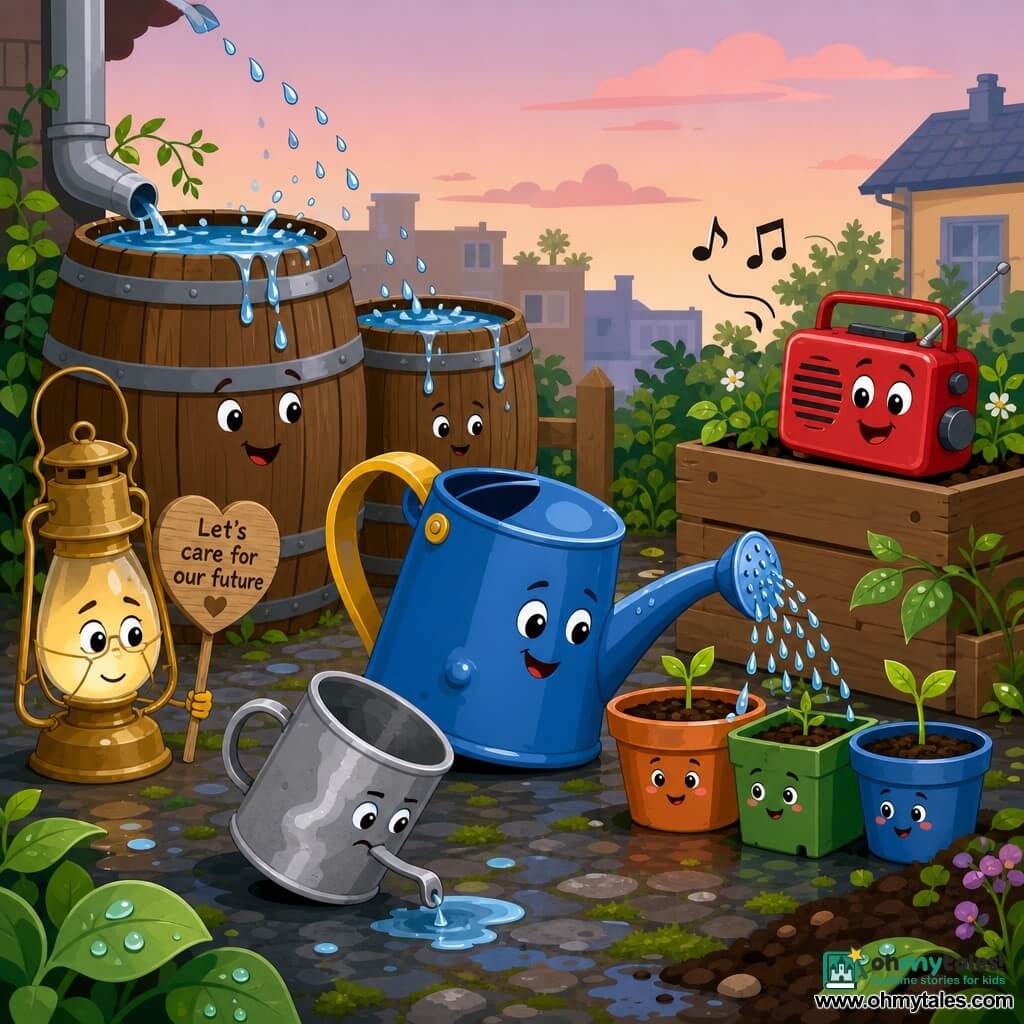 A small blue metal watering can is the expressive, smiling main character with a bright yellow handle, a small dent and water droplets on its spout as it gently pours into a flower pot; a compact red radio with a round knob smiles and emits a tiny musical note on a planter to the right; a matte silver tin mug in front tilts to catch a small puddle; a shy warm brass lamp at the rear left holds a small wooden sign with a heart and softly lights the scene; two reclaimed wooden barrels filled with water, one larger, sit at the rear left with silver reflections and droplets falling after a recent rain; small colorful planters (terracotta orange, plastic green and blue) line up before the watering can, each with a simple face and tiny seedlings, happy to receive water; the neighborhood garden after the shower has wet cobbles, dark soil, shiny leaves, patches of moss and a pastel sky with dissipating pink clouds; the moment shows sharing and mutual aid—the watering can teaches gentle watering, companions help collect rainwater and the barrels overflow peacefully, illustrating solidarity in the face of climate change.