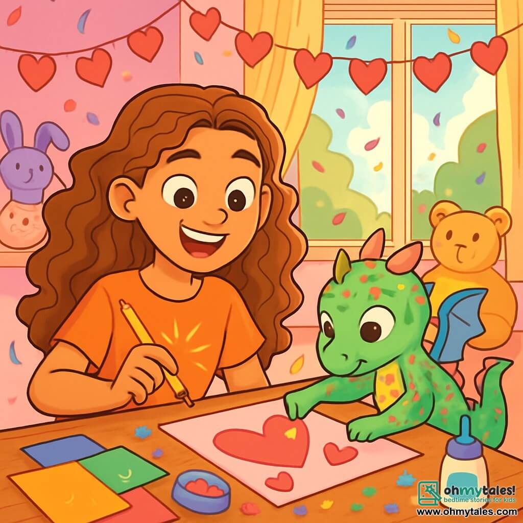 A 12-year-old girl, Valentina, with long curly caramel-colored hair and sparkling joyful eyes, is sitting at a wooden table decorated with colorful papers and glitter. She smiles enthusiastically, holding a pencil that emits sparks. Next to her, a small dragon named Doodle, with candy-like shiny scales and translucent wings, is sticking heart-shaped stickers onto a large card. Their workshop is in a bright room filled with paper heart garlands, colorful plush toys, and open windows letting in golden sunlight. The walls are painted pastel pink, and confetti floats in the air, creating a festive atmosphere. The main scene shows Valentina and Doodle excitedly working together to create a Valentine's surprise, surrounded by laughter and magic, while a gentle breeze makes the heart garlands dance around them.