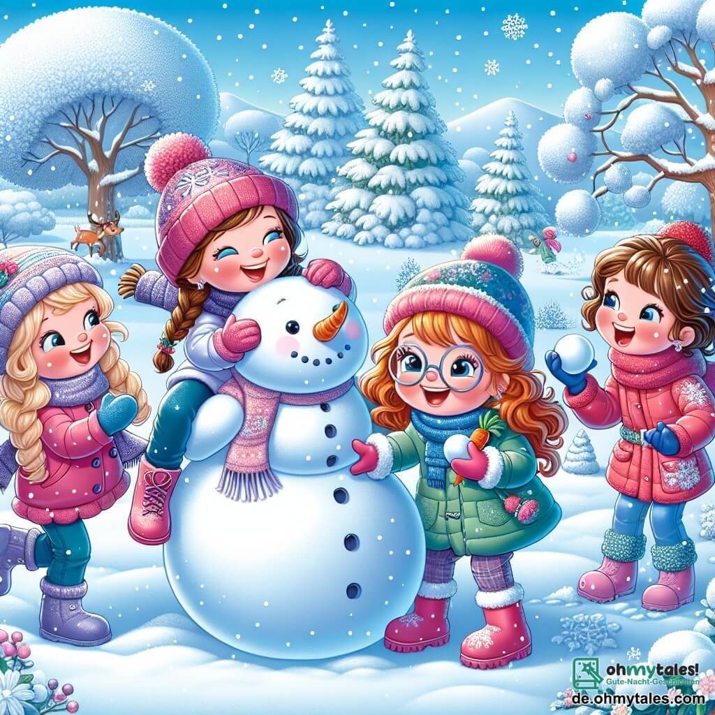 Vier Freundinnen im Alter von 8 bis 9 Jahren spielen fröhlich in einem verschneiten Garten. Mia mit braunen, geflochtenen Haaren trägt eine rosa Jacke und eine passende Mütze und rollt einen großen Schneemann. Neben ihr lacht Emma, ein Mädchen mit lockigem, blonden Haar in einem blauen Overall, während sie einen Schneeball auf Lila wirft. Lila, mit roten Haaren und Brille, trägt einen leuchtend grünen Mantel und bereitet sich darauf vor, den Schneeball zu fangen. Schließlich hält Sophie, ein Mädchen mit glatten, kastanienbraunen Haaren und einem roten Schal, eine Karotte für die Nase des Schneemanns. Der Garten ist eine bezaubernde Winterlandschaft mit schneebedeckten Bäumen und einem hellblauen Himmel mit weißen Wolken. Der Boden ist mit einer dicken Schicht unberührten Schnees bedeckt, während sanfte Schneeflocken vom Himmel fallen und die Szene verzaubern. Die vier Freundinnen haben Spaß beim Bau eines Schneemanns und spielen Schneespiele, lachen und bewundern die Schönheit des Winters um sie herum.
