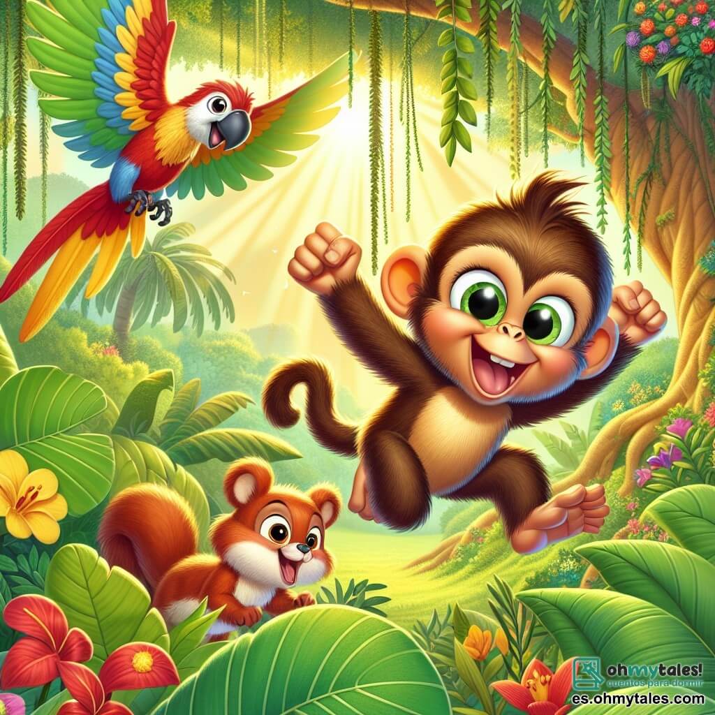 Un mono travieso llamado Tito, con pelaje marrón y ojos chispeantes de malicia, salta alegremente en una jungla exuberante, rodeado de grandes hojas verdes y flores brillantes. A su lado, un loro colorido, con plumas rojas y amarillas, vuela con una sonrisa amistosa, listo para ayudar a su amigo. Una pequeña ardilla de pelo rojizo, curiosa y juguetona, observa la escena desde una rama, lista para proponer una idea. La jungla está llena de árboles majestuosos, lianas colgantes y una luz dorada que filtra a través del follaje. Tito, el mono, y sus amigos están saltando juntos, riendo a carcajadas, mientras intentan alcanzar los plátanos dorados en la cima de un gran árbol.