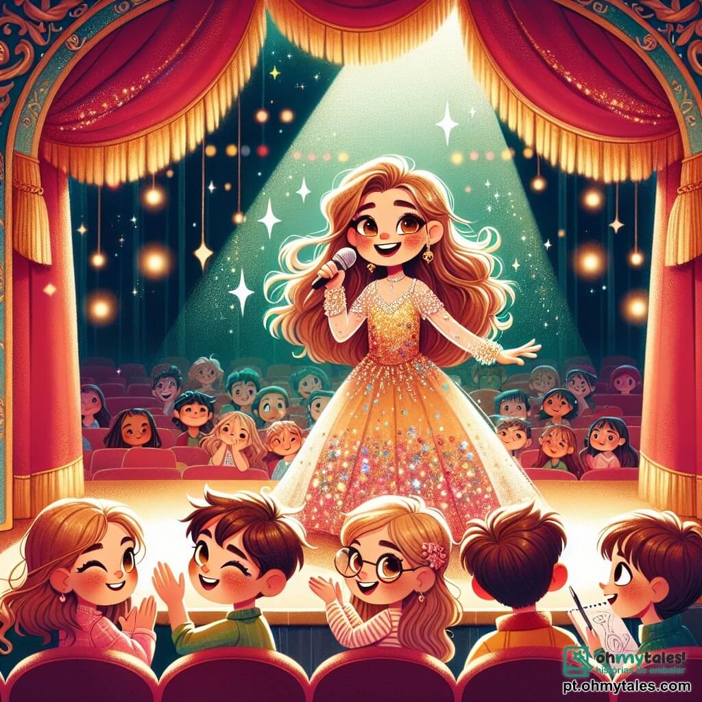 Clara, uma jovem de cabelos longos e ondulados, vestida com um vestido brilhante de cores vivas, está no palco, um sorriso radiante iluminando seu rosto. Seus olhos brilham de emoção enquanto canta fervorosamente, sua voz tocando o coração de cada espectador. Ao seu lado, um grupo de quatro crianças, de 8 a 10 anos, a observa com admiração. João, um menino de cabelos castanhos e olhos brilhantes, aplaude entusiasticamente. Ana, uma menina com tranças douradas, olha para Clara com admiração, as mãos nas bochechas. Miguel, um garoto curioso com óculos redondos, segura um pequeno caderno de esboços, pronto para desenhar. Por fim, Sofia, uma menina tímida de cabelos curtos, fica um pouco atrás, com os olhos brilhando de espanto. O local é um majestoso teatro, com cortinas vermelhas e douradas, luzes cintilantes iluminando o palco e um público cativado sentado em assentos de veludo. A atmosfera está cheia de energia e alegria, criando um ambiente mágico. A cena principal mostra Clara cantando com paixão, compartilhando sua música com o público, enquanto as crianças, deslumbradas, vivem um momento inesquecível, inspiradas pela magia da música.