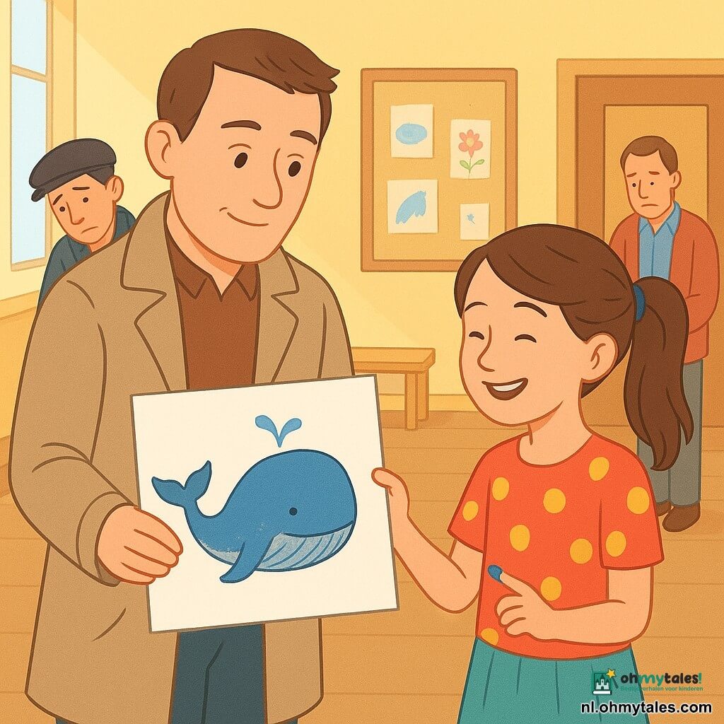 Een vriendelijke geconcentreerde man (detective Milan, rond de veertig, korte bruine haren, licht gekreukte beige jas) overhandigt voorzichtig een grote bladzijde met een in blauw en zilver getekende walvis aan een meisje rechts van hem (Saar, ca. 12, bruine paardenstaart, kleurrijke kledij, klein blauw verfvlekje op een vinger) dat emotioneel glimlacht; op de achtergrond links een man (Niek, ca. 30, pet, beschaamd maar opgelucht, armen gekruist, licht voorover gebogen), achteraan rechts meneer Van Dijk (ca. 45, rood gezicht, aarzelende houding, bij een deur, blik naar beneden); locatie: schoolaula met lichte gele muren, prikborden vol kindertekeningen, lichte houten banken, zacht licht uit grote ramen en lichtbruin parket; hoofdscène: warme plechtige teruggave van teruggevonden tekeningen, kalmerende sfeer, levendige kleuren met blauwe accenten, verlegen glimlachen, centrale compositie rond de uitwisseling, eenvoudige stijl met zuivere lijnen, zachte contrasten en vlakke, kinderlijke vormen.