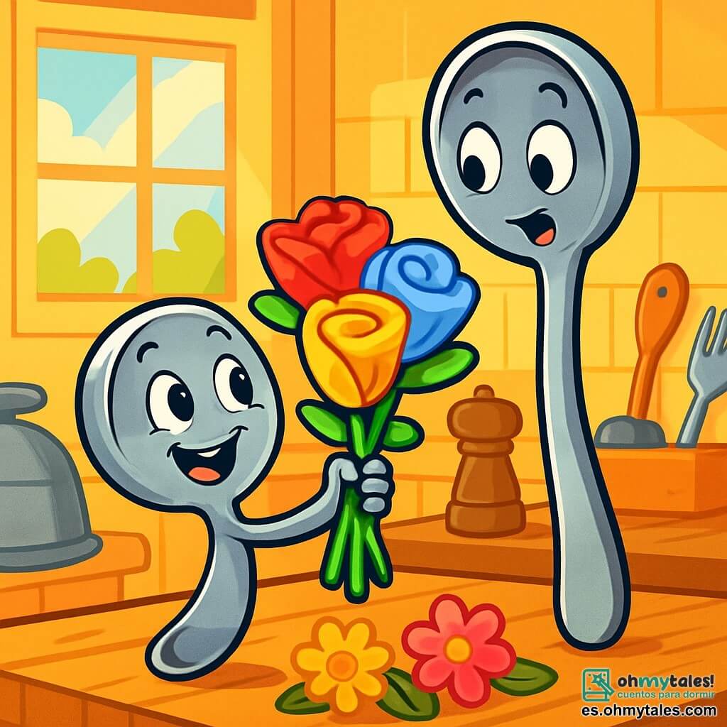 Un pequeño Cucharón, un alegre utensilio de cocina en forma de cuchara, con una brillante sonrisa y ojos chispeantes, sostiene un hermoso ramo de servilletas de colores en forma de flores, irradiando orgullo y emoción. A su lado, la Gran Cucharón, una cuchara majestuosa con un largo mango plateado y ojos dulces, muestra una expresión de sorpresa y felicidad, mirando a su hijo con ternura. La escena tiene lugar en una cocina soleada, donde la luz dorada se filtra a través de una ventana, iluminando una mesa de madera rústica cubierta de varios utensilios de cocina y flores. Cucharón presenta su regalo a su mamá, creando un momento cálido y emotivo, lleno de alegría y amor por el Día de la Madre.