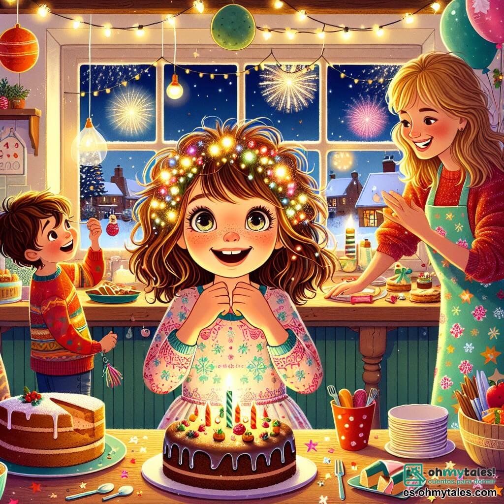 Una niña de 11 años, Valentina, está en el centro de la escena, con grandes ojos brillantes y una amplia sonrisa. Tiene el cabello rizado y marrón, adornado con una corona de luces, y lleva un vestido colorido con estampados de copos de nieve. Valentina sostiene un pequeño llavero en forma de estrella, mirando con asombro el cielo estrellado a través de la ventana. A su derecha, su madre, una mujer de unos 35 años con cabello lacio y largo, lleva un delantal colorido y prepara pasteles en la mesa mientras sonríe tiernamente a Valentina. A la izquierda, su hermano pequeño Lucas, de 6 años, con cabello rubio desordenado y un suéter rojo, se divierte lanzando confeti al aire y riendo. La escena tiene lugar en una cocina acogedora, decorada con guirnaldas brillantes y globos coloridos, con una gran mesa de madera en el centro, llena de deliciosos platos y decoraciones festivas. Fuera, se pueden ver fuegos artificiales iluminando el cielo nocturno, añadiendo un toque de magia a la atmósfera. La situación principal muestra a Valentina, asombrada por el llavero en forma de estrella, rodeada de su familia, lista para celebrar el Año Nuevo con amor y alegría, mientras las risas y el calor de la fiesta llenan la habitación.