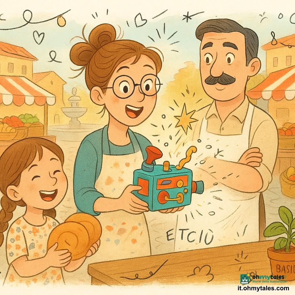 Donna inventrice di circa 30–35 anni, capelli castano chiaro raccolti in uno chignon disordinato, occhiali rotondi, viso sorridente, con grembiule macchiato di vernice e marmellata; tiene una piccola scatola meccanica colorata (trombetta e leva visibili) ed è sorpresa e divertita. Uomo di circa 50 anni (signor Gino), baffi sottili, grembiule da forno, dietro un tavolo con le braccia incrociate, affettuoso e un po' perplesso. Bambina di circa 8 anni con due trecce, vestito a fiori, tiene una grande brioche e ride, in primo piano a sinistra. Un vaso di basilico (Basilio) sulla tavola, foglie verdi lucide, come assistente silenziosa. Ambientazione: piazza di mercato italiana soleggiata con pavé grigi, banchi di legno coperti da tessuti a righe rosse e bianche, cesti di frutta (pesche, mele, pomodori), una fontana in pietra sullo sfondo, lanterne e facciate ocra. Situazione: dimostrazione pubblica in cui la scatola meccanica fa una scintilla e provoca una goccia di gelato che scende, suscitando risate; atmosfera gioiosa e lievemente caotica con coriandoli e onomatopee tipo "POF", "ETCIÙ" intorno all'apparecchio. Tavolozza calda e vivace (ocre, corallo, verde basilico, azzurro), texture morbide, tratti leggermente scarabocchiati e contorni neri sottili, luce mattutina soffusa.