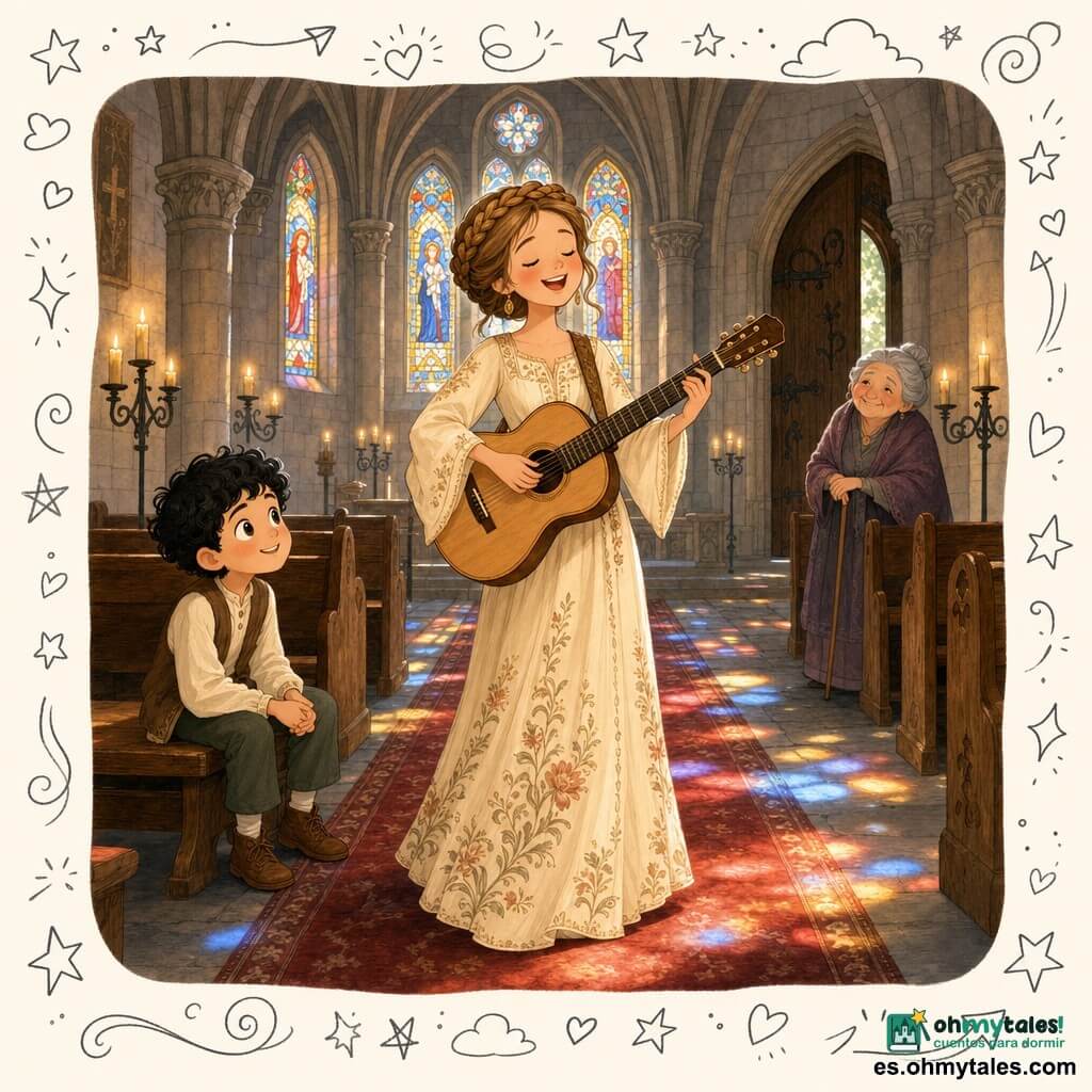 Mujer cantante de rostro luminoso y suave sonrisa, ojos cerrados, de pie en el centro tocando una guitarra de madera clara, vestida con un vestido fluido color crema con motivos florales y el cabello castaño claro trenzado en corona; un niño de unos 8 años de rizos negros la mira maravillado sentado en el primer banco a la izquierda con las manos en las rodillas; una mujer mayor de unos 70 años con el cabello gris recogido en un moño sonríe apoyada en un bastón junto a la puerta trasera; el interior de la abadía es amplio con bóvedas de piedra gris y grandes vitrales que proyectan manchas rojas, azules y amarillas sobre el suelo de piedra, filas de bancos de madera envejecida, candelabros de hierro con velas encendidas y una alfombra roja gastada; la cantante está iluminada por un cálido resplandor de velas, con notas musicales flotando a su alrededor y una atmósfera pacífica y mágica.