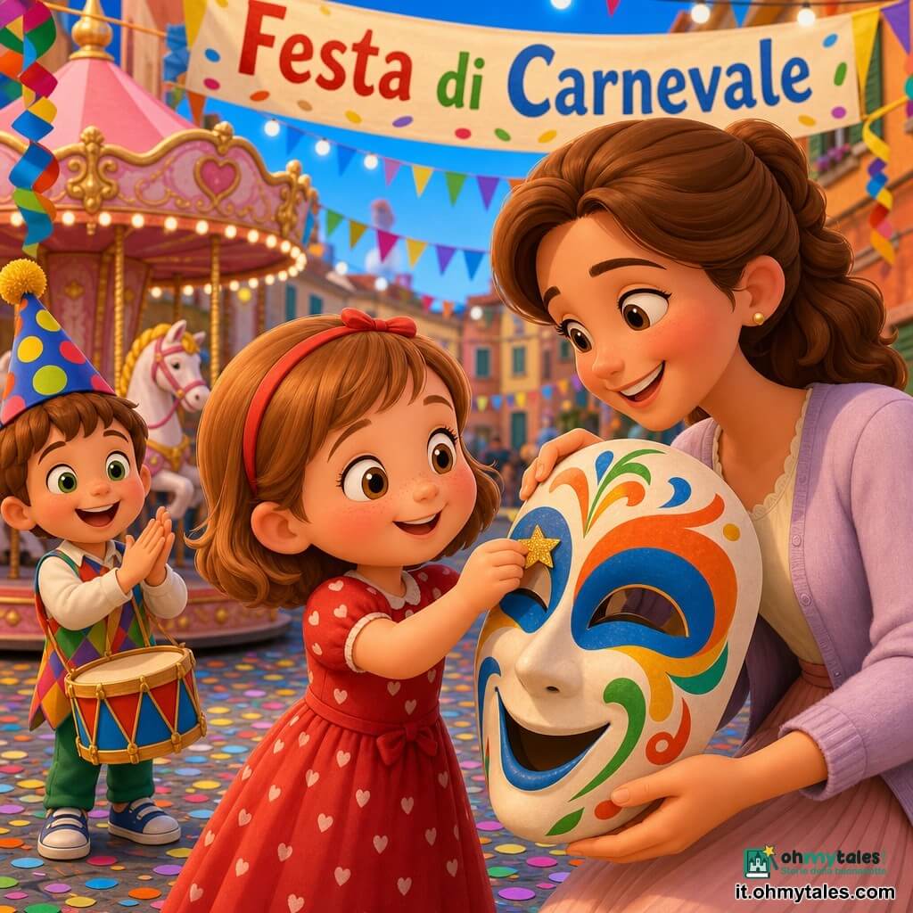 Bambina di 4 anni gioiosa e stupita, guance rotonde e rosate, capelli corti castano chiaro, occhi nocciola, veste rossa a cuoricini e posa un piccolo adesivo dorato scintillante; la mamma, intorno ai 30 anni, sorridente con capelli lunghi raccolti e abito pastello la guida tenendo una grande maschera di cartapesta; un ragazzo di circa 5 anni sullo sfondo con cappellino a cono colorato e piccolo tamburo applaude; la scena si svolge sotto uno striscione colorato “Festa di Carnevale”, vie acciottolate ricoperte di coriandoli e ghirlande di carta; la maschera davanti alla bambina ha un grande sorriso dipinto in blu, arancione e verde, l’adesivo dorato è vicino a un occhio; atmosfera luminosa e festosa con giostra di cavalli rosa e luci sospese, coriandoli nell’aria, composizione centrata su bambina e maschera con primi piani su mani e adesivo, colori vivaci e contrasto dolce in stile infantile e caldo.