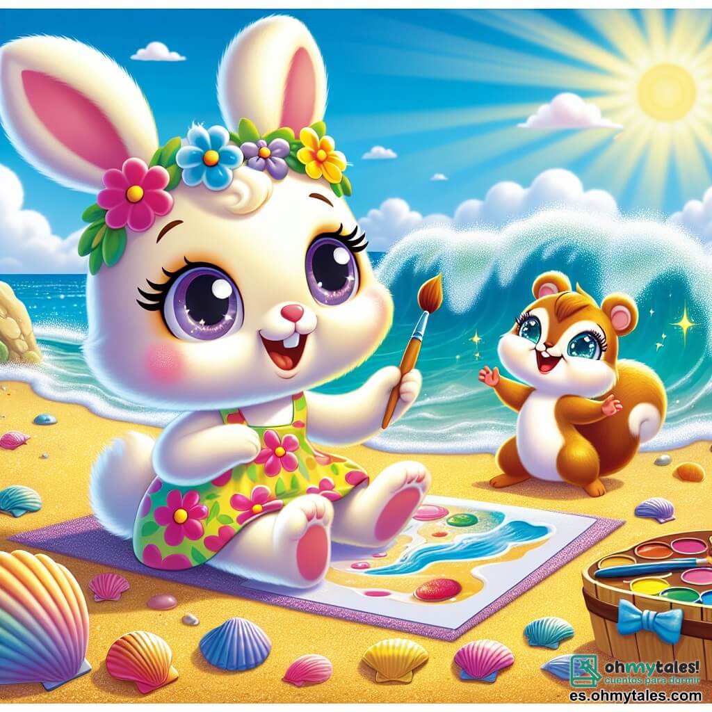 Lila, una pequeña coneja con grandes orejas y suave pelaje blanco, está sentada en la arena dorada de la playa, con una gran sonrisa en su rostro. Lleva un bonito vestido de flores coloridas y sostiene un pincel en una pata, lista para pintar un cuadro del mar brillante frente a ella. A su lado, Sofi, una pequeña ardilla con ojos brillantes y pelaje marrón, trepa por una roca, riendo y agitando una pequeña paleta de pintura. Ella parece entusiasta y curiosa, lista para unirse a Lila en su aventura artística. El lugar es una playa soleada, con suaves olas rompiendo en la orilla, conchas coloridas esparcidas por la arena y un cielo azul claro salpicado de algunas nubes blancas y esponjosas. La situación principal muestra a Lila y Sofi creando juntas una obra de arte inspirada en la belleza del verano, rodeadas de risas y colores vivos, simbolizando la amistad y la creatividad.