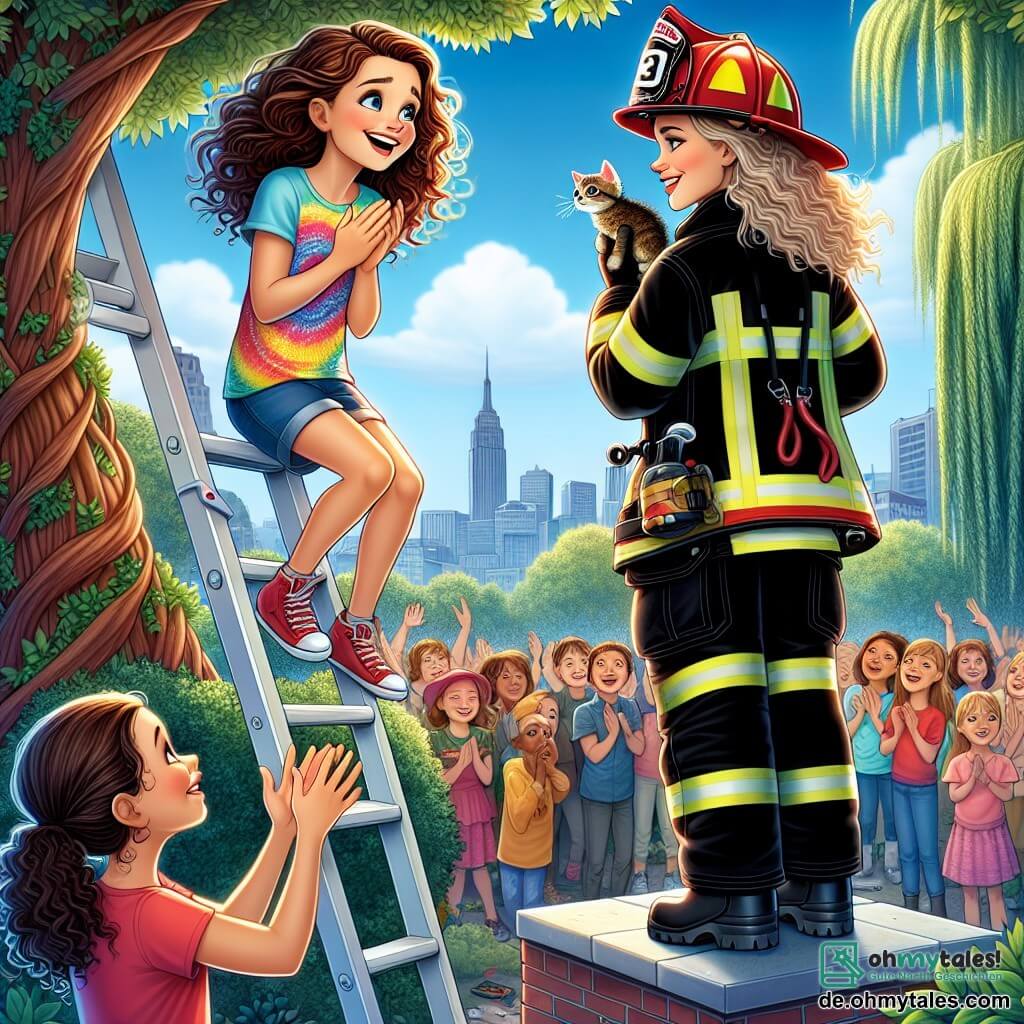 Eine mutige Feuerwehrfrau, Lena, steht oben auf einer Leiter mit einem großen Lächeln im Gesicht. Sie trägt eine rot-schwarze Feuerwehruniform und einen glänzenden Helm und hält ein kleines Kätzchen in ihren Armen, das sie zärtlich ansieht. Neben ihr schaut ein zehnjähriges Mädchen, Mia, mit braunen, lockigen Haaren und einem bunten T-Shirt, fasziniert vom Boden aus zu. Ihre Augen strahlen vor Aufregung, während sie Lenas Tapferkeit applaudiert. Die Szene spielt sich unter einem großen Baum in einem Park ab, mit leuchtend grünen Blättern und einem sonnigen blauen Himmel. Menschen versammeln sich darum, einige lächeln, andere machen Fotos und schaffen eine fröhliche, festliche Atmosphäre. Lena rettet ein kleines Kätzchen, das in einem Baum feststeckt, und die Situation ist voller Emotionen und Adrenalin, was den Mut und die Entschlossenheit der Feuerwehrleute verdeutlicht.