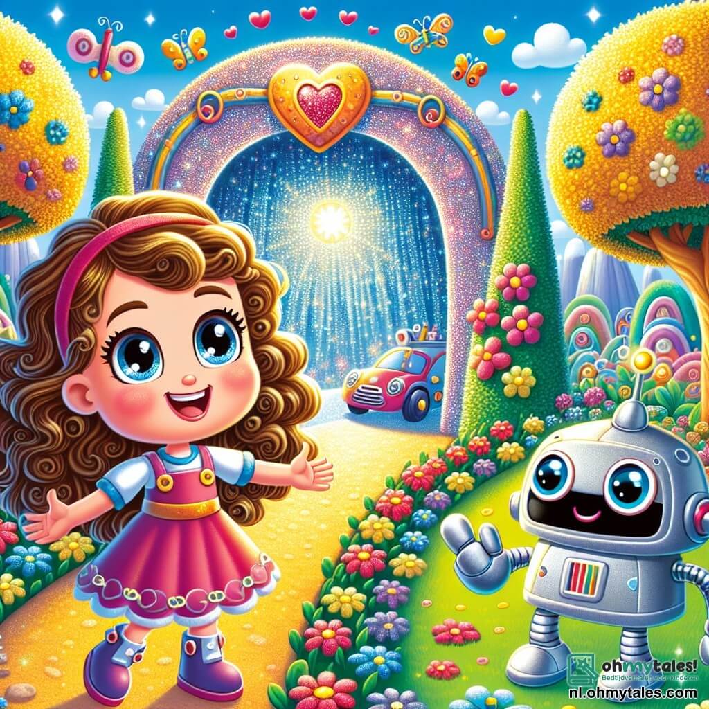 Een 4-jarig meisje, Luna, met prachtige bruine krullen en een grote verwonderde glimlach, staat voor een vreemde glinsterende deur in een tuin vol kleurrijke bloemen. Naast haar staat een vriendelijke robot genaamd Robo, met een zilveren lichaam en heldere ogen, die haar glimlachend de hand reikt. De tuin is levendig, met bomen met gouden stammen en hartvormige bladeren, terwijl auto's in de blauwe lucht zweven als vogels. Luna, nieuwsgierig en opgewonden, kijkt naar de mysterieuze poort die onder de zon glinstert, klaar om de magische wereld van Sprankelstad te ontdekken.