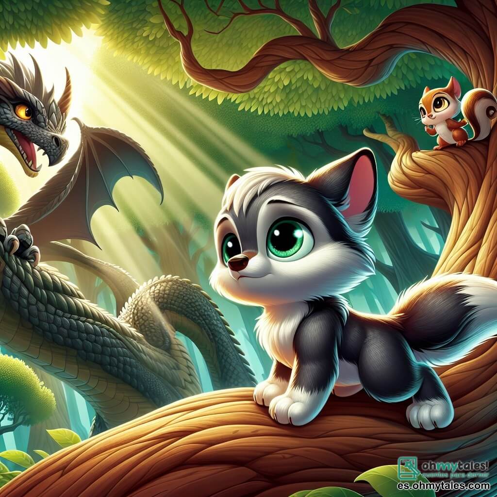 En el centro de la imagen, Luno, un pequeño lobo de pelaje suave y brillante, con ojos llenos de curiosidad y determinación, se encuentra en una rama de un gran árbol. Muestra una expresión de coraje, listo para enfrentar lo desconocido. A su derecha, Chispa, una pequeña ardilla de ojos vivos y cola esponjosa, mira a Luno con admiración y una ligera sonrisa, mostrando su apoyo. Está posada en otra rama, lista para saltar a su lado. A la izquierda, Garras, un dragón gigante de escamas brillantes y alas majestuosas, se presenta con una postura imponente pero amistosa. Sus ojos, aunque grandes e intimidantes, expresan tristeza mientras observa a Luno con esperanza. El escenario es un bosque mágico, con árboles inmensos de troncos retorcidos y hojas de un verde brillante. Rayos de luz filtran a través del follaje, iluminando el camino sinuoso que lleva a un viejo árbol de ramas torcidas, donde se esconde un tesoro brillante. La situación principal muestra a Luno, Chispa y Garras unidos en su búsqueda del cristal perdido, con un espíritu de aventura palpable en el aire, mientras una sombra misteriosa se perfila en el fondo, lista para ser confrontada.