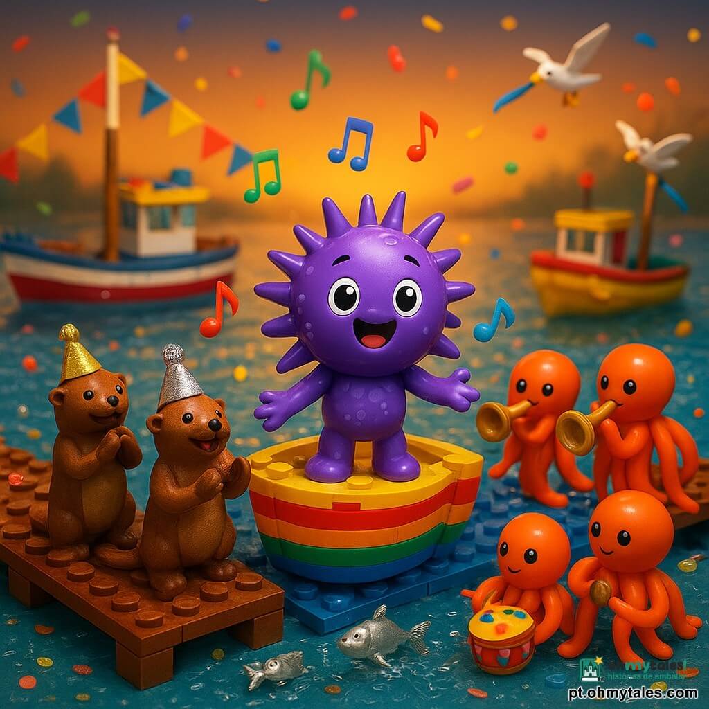 Um pequeno ouriço-do-mar roxo em LEGO, espinhos brilhantes, olhos grandes e sorriso, canta entusiasmado em pé num barco pintado em arco-íris; um grupo de polvos músicos em LEGO, tentáculos laranja tocando trombetas douradas e tambores coloridos, toca ao lado; lontras em LEGO, com chapéus brilhantes, aplaudem e engraxam os chapéus no cais à esquerda; pequenos peixes saltadores em LEGO fazem salpicos na proa e gaivotas em LEGO voam acima com fitas; cenário de um porto de recreio em LEGO ao crepúsculo, cais de tábuas, barcos coloridos com bandeirolas e balões, confetes e reflexos dourados na água; cena de carnaval em que o ouriço canta o nome de sua trupe diante de uma multidão alegre.