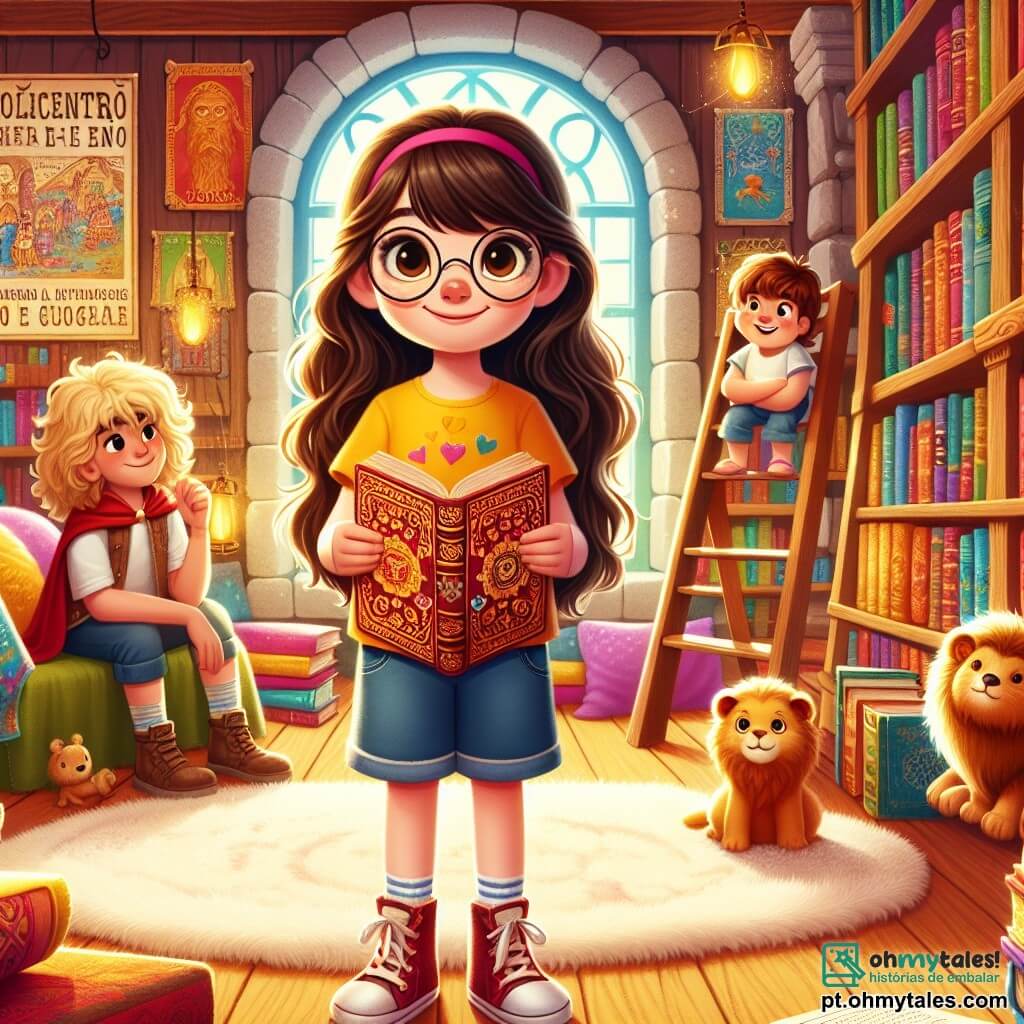 Uma menina de 8 anos, Inês, com longos cabelos castanhos e óculos redondos, está em pé em uma escada, com os olhos brilhando de excitação e um grande sorriso no rosto. Ela usa uma camiseta amarela e um short de jeans, segurando um livro antigo com uma capa vermelha e padrões dourados. Ao seu lado, seu amigo João, um garoto de 9 anos com cabelos loiros bagunçados, a observa com um olhar curioso, de braços cruzados, pronto para ajudar. Leonor, uma menina de 8 anos com cabelos cacheados e uma faixa rosa, está sentada em uma cadeira próxima, rindo e incentivando Inês a abrir o livro misterioso. A cena ocorre em uma biblioteca aconchegante, com estantes de madeira cheias de livros coloridos, tapetes macios no chão e uma luz suave que entra pelas janelas. Cartazes de contos e lendas decoram as paredes, criando uma atmosfera mágica. A situação principal mostra Inês prestes a abrir o livro antigo, enquanto seus amigos a incentivam com entusiasmo, todos ansiosos para descobrir os segredos que ele guarda.