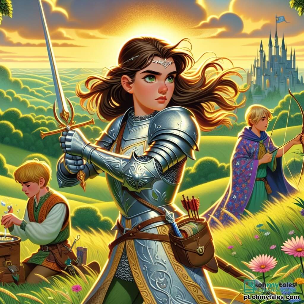 Uma jovem cavaleira, Elena, está orgulhosamente no topo de uma colina verdejante, sua armadura brilhando sob o sol dourado. Seus longos cabelos castanhos flutuam ao vento, e seu rosto expressa uma determinação ousada, com olhos cintilantes de coragem. Ela empunha uma espada reluzente, pronta para defender seu reino. Ao seu lado, Cedric, um garoto de 15 anos, é um habilidoso arqueiro com cabelos loiros e olhos vivos. Ele ajusta seu arco, concentrado, observando o horizonte com expressão vigilante. Um pouco atrás, Lira, uma jovem de 14 anos com cabelos negros e vestidos coloridos, prepara poções em uma pequena bolsa, seu olhar sábio e atento. O cenário é uma vasta extensão de colinas verdes, salpicadas de flores silvestres vibrantes e árvores majestosas. Ao fundo, a fortaleza de Pedra Audaz se ergue orgulhosamente, suas paredes de pedra cinza contrastando com o céu azul. A cena principal mostra Elena, pronta para partir em uma aventura, determinada a encontrar o Coração do Leão para proteger seu reino, cercada por seus fiéis companheiros, todos unidos por um mesmo objetivo.