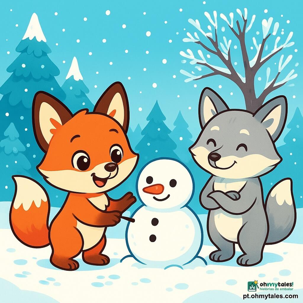 Um pequeno raposo de pelos ruivos e macios, com olhos brilhantes de curiosidade, brinca na neve. Ele tem um sorriso alegre e orelhas em pé, enquanto deixa pequenas pegadas na neve cintilante. Perto dali, uma velha raposa de pelagem prateada, com olhos sábios e bondosos, observa seu neto com um olhar orgulhoso e caloroso. Ela está ao lado de uma árvore coberta de geada, com os braços cruzados e um sorriso terno no rosto. O local é uma clareira encantada, iluminada pela suave luz de um céu azul claro, onde flocos de neve caem lentamente. Alguns majestosos pinheiros, carregados de neve, cercam a cena, criando uma atmosfera mágica. O pequeno raposo constrói um boneco de neve, usando um pequeno graveto para dar uma forma divertida, enquanto a velha raposa o incentiva com palavras doces, criando um momento de cumplicidade alegre entre eles.