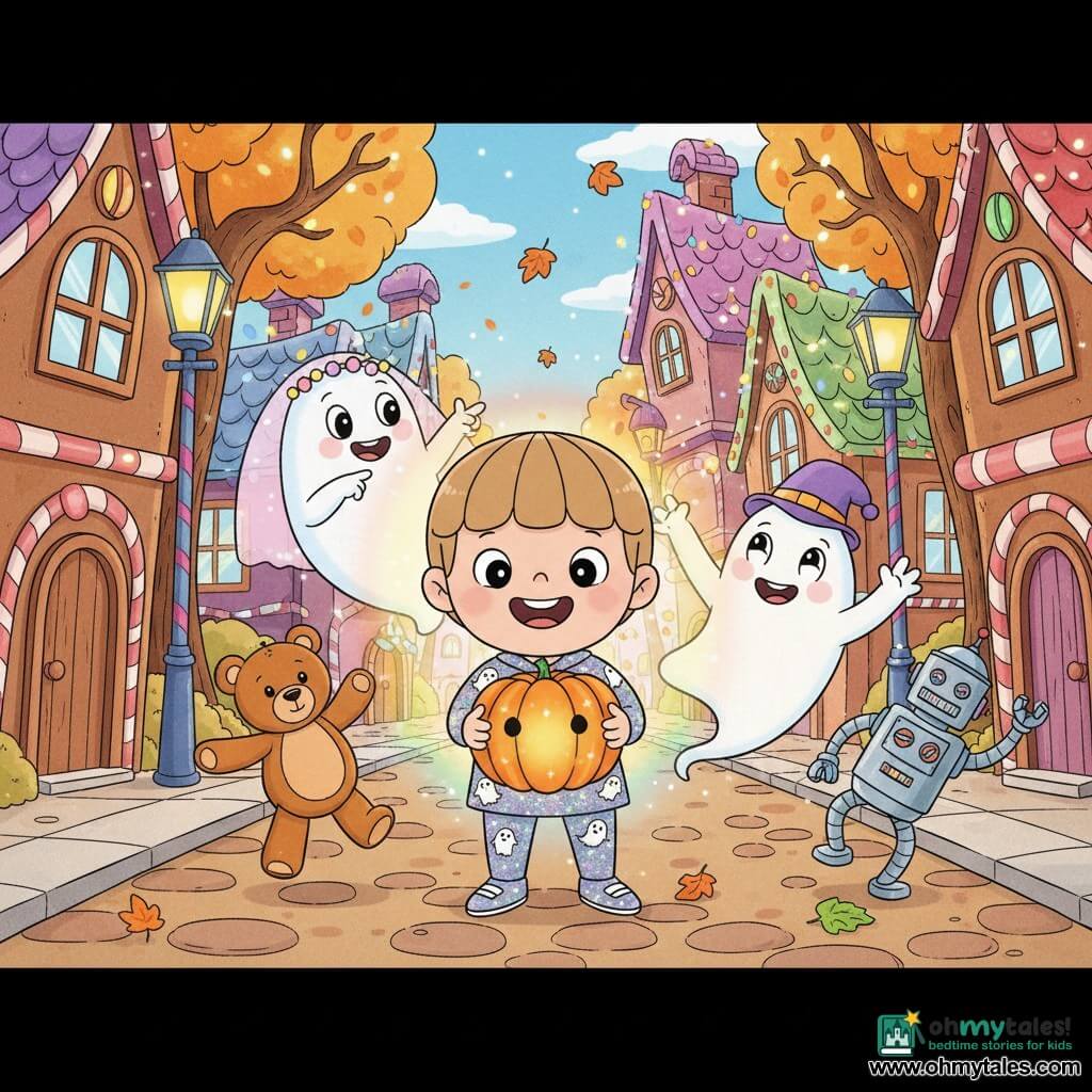 Four-year-old Benny, radiant and wide-eyed with short light brown hair and an open smile, wears a sparkling Halloween costume with tiny ghosts and pumpkins and holds a magical pumpkin glowing with soft orange light. To his right floats Gilly, a joyful translucent white ghost with a funny purple hat waving, and behind him a friendly ghost named Willa with a pale pink veil and twinkling lights points at the pumpkin. Nearby toys dance: a caramel teddy spinning and a shiny silver robot moonwalking on the sidewalk by a chocolate house. The scene is an enchanted Halloween street of gingerbread and chocolate houses, candy-colored roofs, trees strung with lights, candy-shaped lampposts and drifting orange leaves. Benny discovers the magical pumpkin at the center of illuminated pumpkins; an orange, multicolored halo radiates as everyone watches joyfully in a warm, festive atmosphere with vivid colors and candy-like textures.