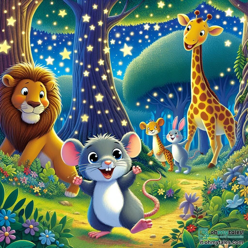 Un piccolo ratto di nome Rocco, con il pelo grigio e occhi brillanti di curiosità, si trova al centro della scena, sorridendo con entusiasmo mentre esplora una foresta magica. Accanto a lui, Leo il leone, con la sua criniera dorata e un'aria un po' assonnata, guarda Rocco con un sorriso divertito, mentre Gina la giraffa, alta ed elegante, si piega per ammirare le stelle scintillanti tra le foglie. La foresta è piena di alberi giganteschi dai tronchi spessi, le cui foglie brillano come stelle, e fiori colorati punteggiano il terreno. La scena principale mostra Rocco e i suoi amici che ballano gioiosamente con coniglietti che cantano intorno a loro, creando un'atmosfera festosa e magica sotto la luce della luna.
