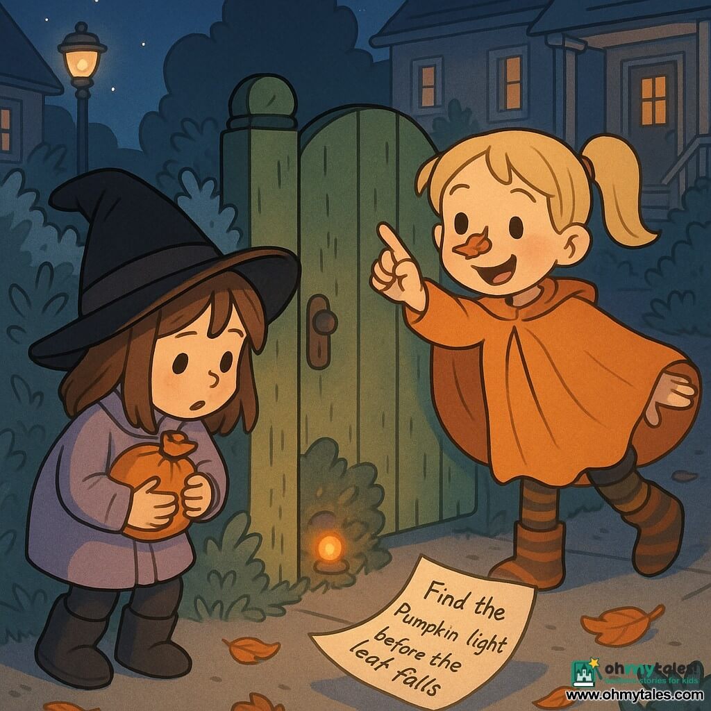Two girls: Mia, 6, straight brown hair, wearing a slightly-too-big black witch hat slipping over her eyes and a light purple coat, clutching an orange candy bag to her chest and leaning left to look at the light; Nora, 6, blonde pigtails, wearing a pumpkin-orange cloak that billows like a curtain and striped boots, standing right, smiling with a fallen leaf on her nose as she points toward the glow. A cozy neighborhood sidewalk at night with soft streetlamps, lit porches, a worn green garden gate in the background, lightly frosted bushes, scattered orange leaves and cinnamon-scented flowerpots under a starry deep-blue sky. A small blinking orange light behind the old gate like a mini pumpkin lantern casts warm shadows on the girls' faces; a paper note drifts to the ground at their feet reading, "Find the Pumpkin-Light before the last leaf falls."