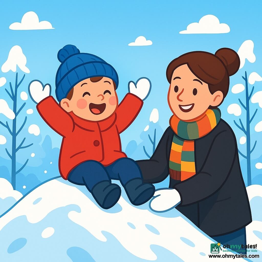 A 4-year-old boy with rosy cheeks and sparkling eyes is sitting on top of a small snowy hill. He is wearing a big red coat, a blue wool hat, and white gloves. He is laughing, arms raised, ready to slide down the snow. Next to him is his mother, a woman around 30 years old with brown hair in a bun, smiling warmly. She is wearing a black coat and a colorful scarf, holding her son's hand. The landscape is a winter garden covered in a thick layer of shimmering snow under a clear blue sky, with trees laden with snow. The scene conveys a joyful and peaceful atmosphere, illustrating the moment the little boy is about to slide on the snow, filled with excitement and happiness.