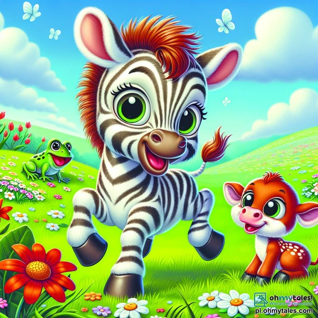 Młody zebra z dużymi uszami i miękką sierścią, z oczami błyszczącymi ciekawością, radośnie skacze po kwiecistej łące, jego twarz promienieje szczęściem. Obok niego skacze radosna, ruda cielęcina w białe plamki, pełna energii, tańcząc w kółko, podczas gdy mała zielona żaba, siedząc na liściu, obserwuje ich z figlarnym uśmiechem, gotowa do przyłączenia się. Scena rozgrywa się na zielonej łące, usianej kolorowymi kwiatami, pod jasnoniebieskim niebem z kilkoma puszystymi chmurami. Postacie świętują nadejście wiosny, bawiąc się razem, otoczone pięknem budzącej się natury.