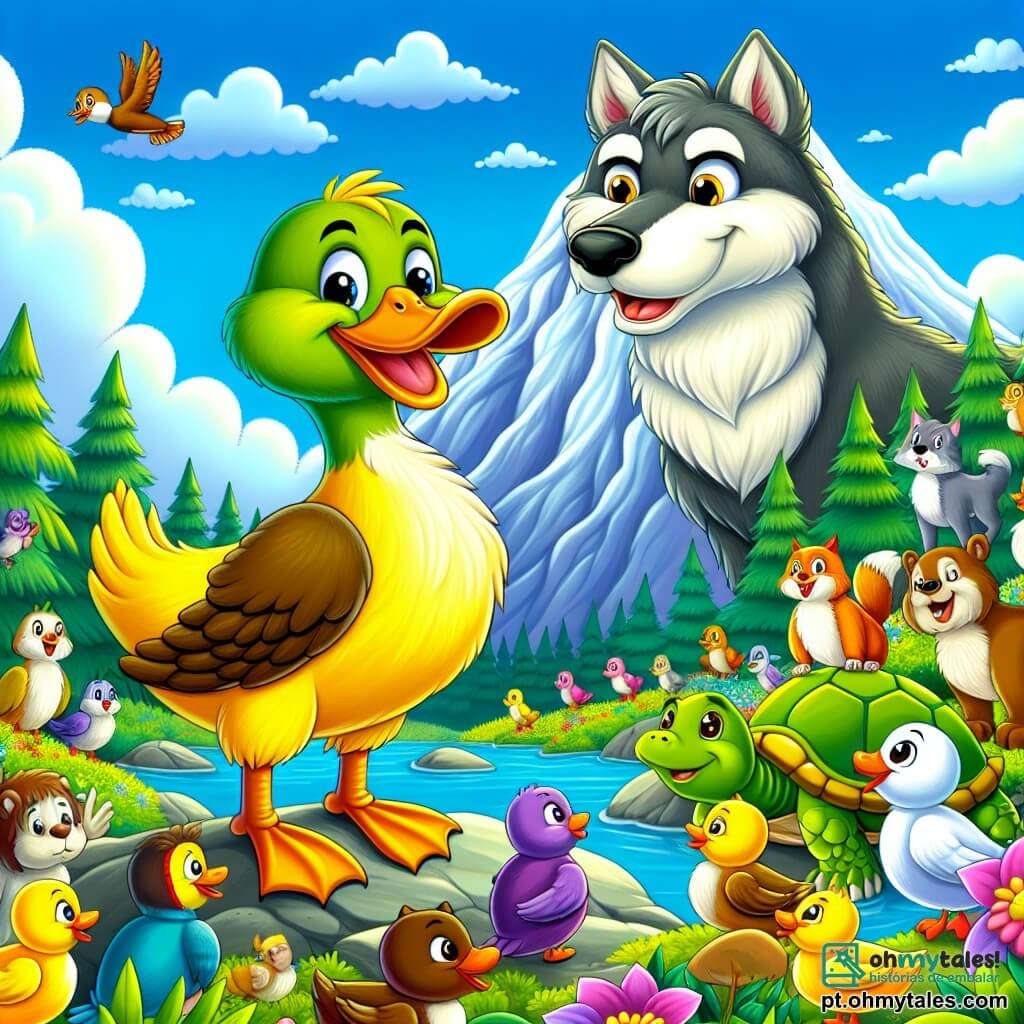 Um pato chamado Quico, com penas amarelas brilhantes e um bico sorridente, está no topo de uma montanha, com os olhos brilhando de excitação e curiosidade. Ao seu lado, um lobo de pelagem cinza, com um olhar intrigado, observa a cena, enquanto uma tartaruga sábia, com uma carapaça verde e olhos suaves, está um pouco atrás, pronta para dar conselhos. Embaixo da montanha, um grupo de animais coloridos, como rãs e pássaros, aguarda ansiosamente. O céu é de um azul vibrante, salpicado de nuvens brancas e fofas, e a montanha é cercada por uma floresta verdejante, repleta de flores brilhantes. A cena principal mostra Quico e seus amigos descobrindo uma gema brilhante, símbolo de sua amizade, enquanto planejam um grande festival para celebrar sua união.
