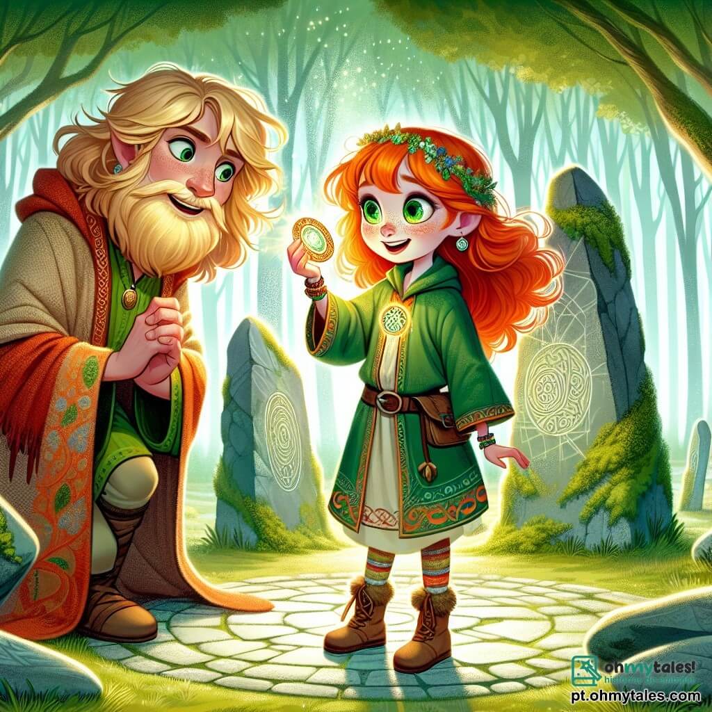 No centro da imagem está Fianna, uma jovem de cerca de 12 anos, com cabelos flamejantes e olhos verdes cheios de curiosidade. Ela usa um vestido de linho verde, decorado com padrões florais, e segura um amuleto cintilante na mão, com uma expressão de espanto e determinação. À sua direita está Lugh, um deus de traços alegres, com cabelos dourados e uma barba leve, vestido com uma túnica colorida e um cinto de couro. Ele sorri de forma travessa, de braços cruzados, pronto para guiar Fianna em sua busca. O cenário é um antigo círculo de pedras, cercado por uma floresta exuberante, onde raios de sol filtram através das folhas, criando uma atmosfera mágica. As pedras estão cobertas de musgo e brilham com uma luz suave, enquanto uma leve névoa flutua no chão, acrescentando um toque de mistério. A situação principal mostra Fianna, pronta para ouvir os conselhos de Lugh, enquanto se prepara para embarcar em uma aventura épica para restaurar o equilíbrio entre os deuses e o mundo.