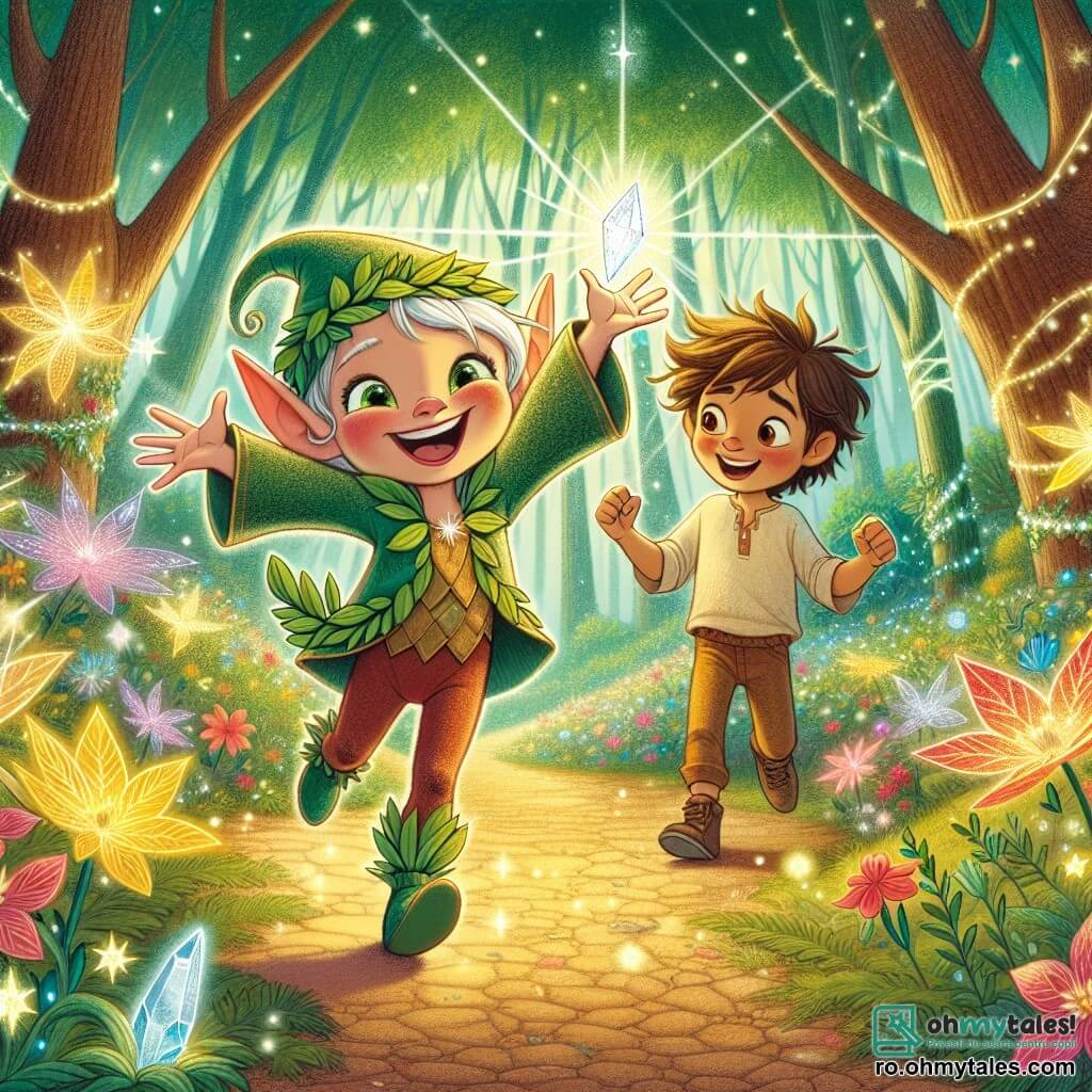 Un spiriduș vesel pe nume Lupuț, cu urechi ascuțite și un zâmbet mare, poartă o vestă verde strălucitoare și o pălărie în formă de frunză. El dansează pe un drum de flori luminoase, cu brațele ridicate, exprimând o bucurie contagioasă. Lângă el se află Andrei, un băiat de zece ani cu părul castaniu și ochii strălucind de curiozitate, care îl privește pe Lupuț cu uimire, ținând un cristal strălucitor în mâini. Decorul este o pădure fermecată, cu copaci înalți și măreți, iar frunzele lor strălucesc sub lumina soarelui. Flori colorate și creaturi fantastice, cum ar fi păsările cu pene aurii, adaugă la magia mediului. Situația principală arată cum Lupuț și Andrei sărbătoresc victoria lor după ce au găsit cristalul magic, înconjurați de o aură luminoasă care simbolizează magia momentului.