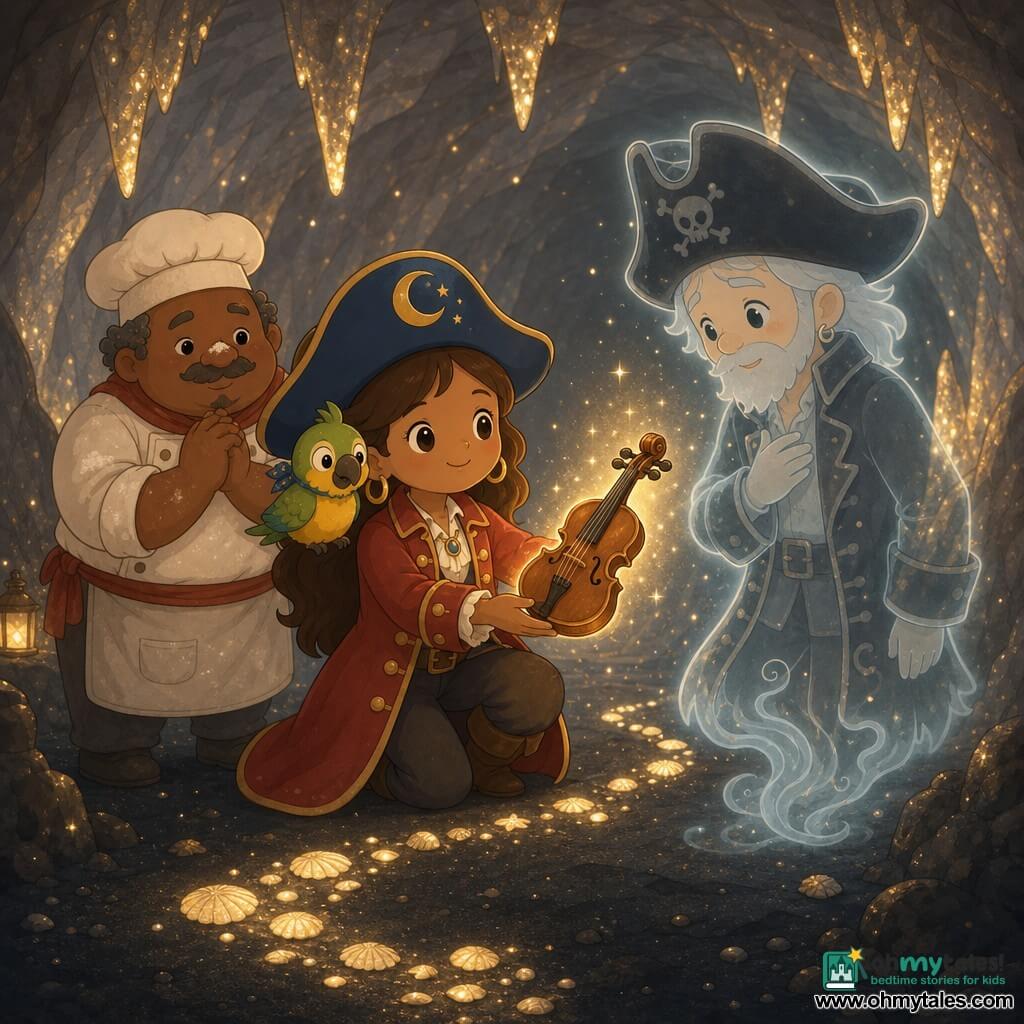The main scene shows Captain Mara Moon, a radiant young female pirate kneeling in a dark but warm cave and offering a small varnished wooden violin that glows with golden light and sparkling particles to Captain Greyheart, a slim, translucent elderly ghost pirate standing a few steps away; Pip, a plump green-and-yellow parrot perches on her right shoulder watching curiously, Old Tom, a relieved middle-aged cook with flour on his nose stands slightly left, and the setting — gray stone walls with golden highlights, glittering stalactites, black sand and shiny shells forming a luminous path — conveys a tender, decisive, magical and comforting moment meant to lift the ghost’s sorrow, warm colors contrasting with the cave’s darkness.