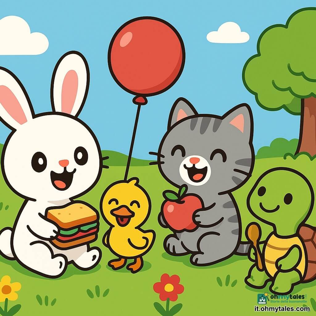 Un coniglietto bianco di nome Lino, con grandi occhi brillanti e un sorriso gioioso, è seduto sull'erba verde, tenendo un panino colorato tra le zampe. Sembra eccitato e felice, pronto a condividere il suo pasto con gli amici. Accanto a lui, un'anatra gialla di nome Qua, con un becco arancione vivace e piume brillanti, ride tenendo un grande pallone rosso. È piena di energia e sembra pronta a giocare. Un po' più in là, una gattina grigia di nome Mina, con occhi maliziosi, tiene una mela rossa lucida tra le zampe. Sorride con entusiasmo, pronta a condividere il suo spuntino. Infine, una tartaruga verde di nome Lento, con un guscio marrone e occhi dolci, guarda i suoi amici con un sorriso tranquillo, tenendo un cucchiaio di legno. Si trova proprio accanto a Lino, aggiungendo un tocco di calma alla scena. Il luogo è un bel prato soleggiato, punteggiato di fiori colorati e alberi verdi, con un cielo azzurro chiaro e alcune nuvole bianche e soffici. La situazione principale mostra Lino e i suoi amici mentre condividono un picnic gioioso, ridendo e giocando insieme, creando un'atmosfera di amicizia e felicità.