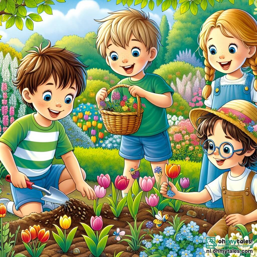 In een bloeiende tuin zijn vier kinderen vrolijk bezig. Sam, een 8-jarig jongetje met rommelig bruin haar, draagt een groene t-shirt en een blauwe short. Hij zit op de grond en plant zaden, met een grote glimlach op zijn gezicht. Naast hem staat Lisa, een 7-jarig meisje met gevlochten blond haar, met een mand vol kleurrijke zaden, haar ogen sprankelend van opwinding. Tom, een 9-jarig jongetje met een bril en kastanjebruin haar, gebruikt een kleine schep om de aarde om te woelen, geconcentreerd op zijn taak. Tot slot, Emma, een 8-jarig meisje met krullend haar en een strohoed, watergeeft voorzichtig de al geplante bloemen met een roze gieter, terwijl ze het werk van haar vrienden bewondert. De tuin is verlicht door de zon, met bloemen in levendige kleuren: rode tulpen, gele narcissen en paarse viooltjes. Vlinders dansen rond de bloemen en bijen zoemen vrolijk, wat bijdraagt aan de lentearoma. De kinderen werken samen om een prachtige bloementuin te creëren en leren tegelijkertijd het belang van bijen voor de natuur.