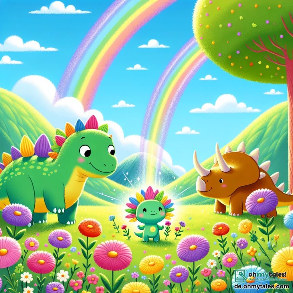 Ein kleiner Stegosaurus namens Stella, mit glänzenden, bunten Stacheln, die in der Sonne funkeln, steht im Mittelpunkt des Bildes, mit weit aufgerissenen Augen voller Freude und Staunen. Sie erkundet ein Feld mit lebhaften Blumen, ihre zarten Beine treten auf den grünen Boden. Neben ihr springt ein kleiner Triceratops namens Timo, mit grüner Haut und adorablen Hörnern, vor Freude, seine Augen funkeln vor Aufregung. Ein großer Brachiosaurus namens Bruno, mit langem Hals und brauner Haut, beugt sich zurück, um die Blumen zu bewundern, ein sanftes Lächeln auf seinem Gesicht. Der Ort ist ein wunderschönes Feld voller Blumen in allen Farben, von Rosen bis Veilchen, unter einem strahlend blauen Himmel mit sanft schwebenden, weißen, flauschigen Wolken. In der Ferne ergänzen grüne Berge die Schönheit der Landschaft. Die Hauptsituation zeigt Stella und ihre Freunde, die einen kleinen, glitzernden und rutschigen Ort mitten in den Blumen entdecken, während ein magischer Lichtstrahl sie umgibt und ihre neue Fähigkeit offenbart, zu sprechen und ihre Freundschaft zu teilen.