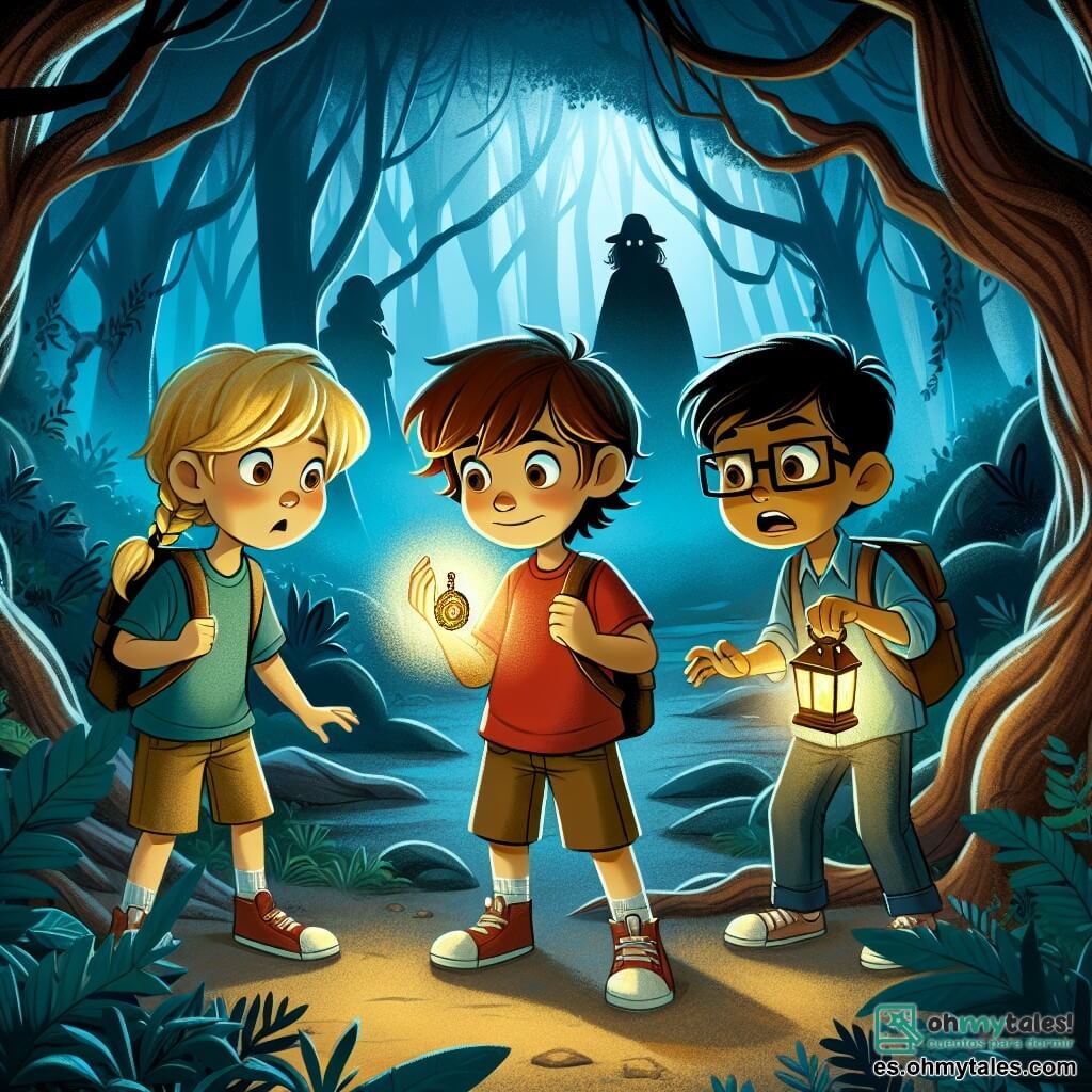 Tres amigos están en un bosque misterioso: Tomás, un niño de 10 años con cabello castaño desordenado y una camiseta roja, mira con valentía un amuleto brillante en su mano. A su derecha, Clara, una niña de 9 años con trenzas rubias, sostiene una pequeña linterna que ilumina su rostro curioso y decidido. A la izquierda, Miguel, un niño de 10 años con gafas y cabello castaño, parece un poco preocupado, con los ojos muy abiertos, mientras se acerca a sus amigos. La escena tiene lugar en un bosque oscuro y brumoso, donde los árboles retorcidos parecen susurrar secretos. Sombras bailan entre los troncos y una ligera niebla se eleva del suelo, creando una atmósfera mágica y inquietante. Los amigos acaban de descubrir un amuleto misterioso que brilla intensamente, atrayendo la atención de una silueta oscura que emerge entre los árboles. Están listos para enfrentar lo desconocido, con una mezcla de emoción y miedo en el aire.