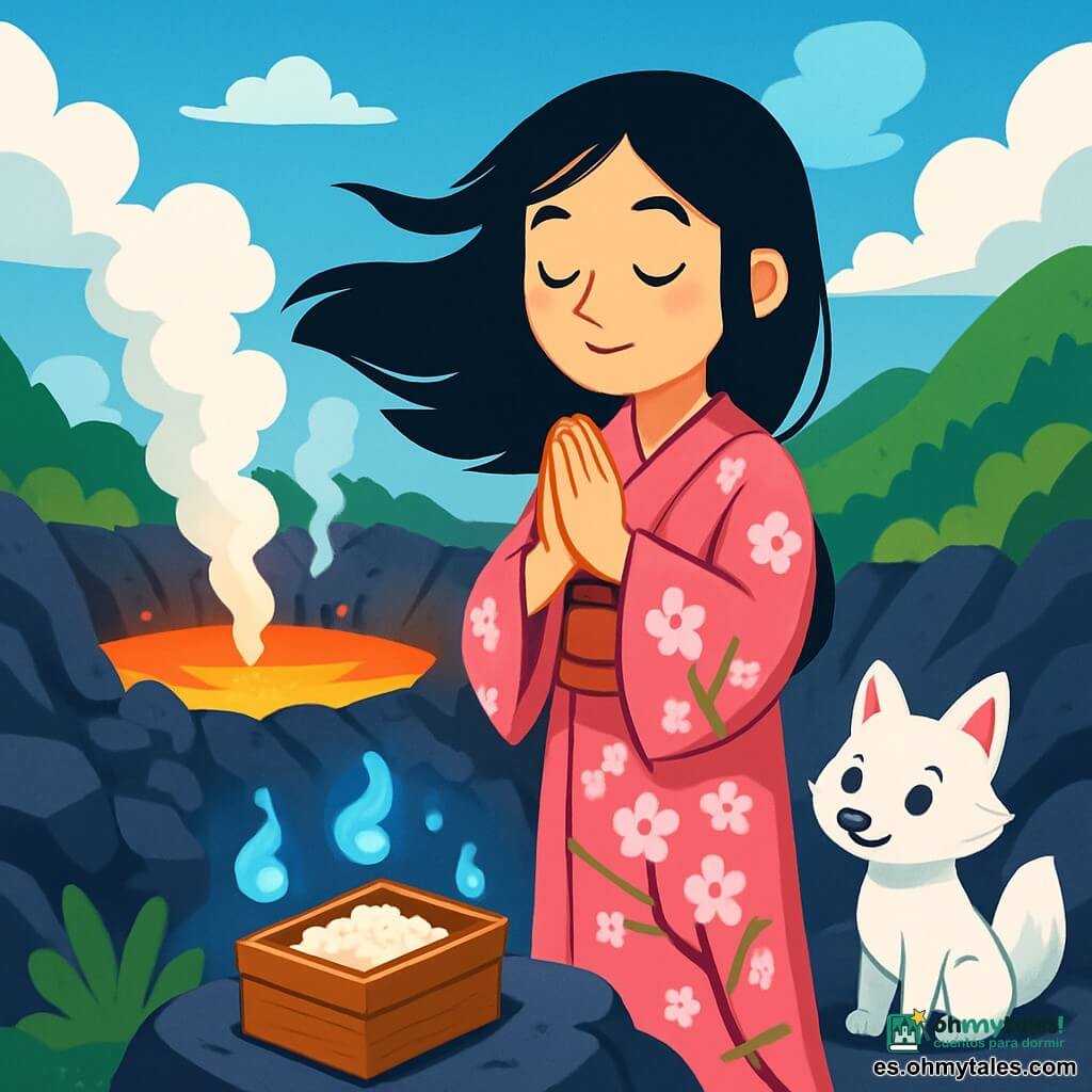 Una mujer llamada Hana, de unos treinta años, se encuentra al borde de un cráter volcánico. Su largo cabello negro ondea al viento y sus ojos brillan de asombro y serenidad. Lleva un kimono tradicional con motivos de cerezos en flor, que combina perfectamente con el paisaje. Hana está orando, con las manos juntas frente a ella, y una sonrisa dulce y apacible. Cerca, un pequeño zorro blanco, con ojos traviesos y pelaje sedoso, observa a Hana con curiosidad. Está sentado sobre una piedra caliente, listo para hablarle. El lugar es un majestuoso cráter volcánico, rodeado de rocas negras y vegetación exuberante. Columnas de vapor se elevan en el aire, creando una atmósfera mística. El cielo es de un azul brillante, salpicado de nubes blancas y esponjosas. La escena principal muestra a Hana ofreciendo ofrendas en el santuario, con un pequeño cofre de madera a sus pies, lleno de arroz y sal. Las luces azules de los espíritus bailan a su alrededor, añadiendo un toque mágico a esta escena pacífica y llena de gratitud.