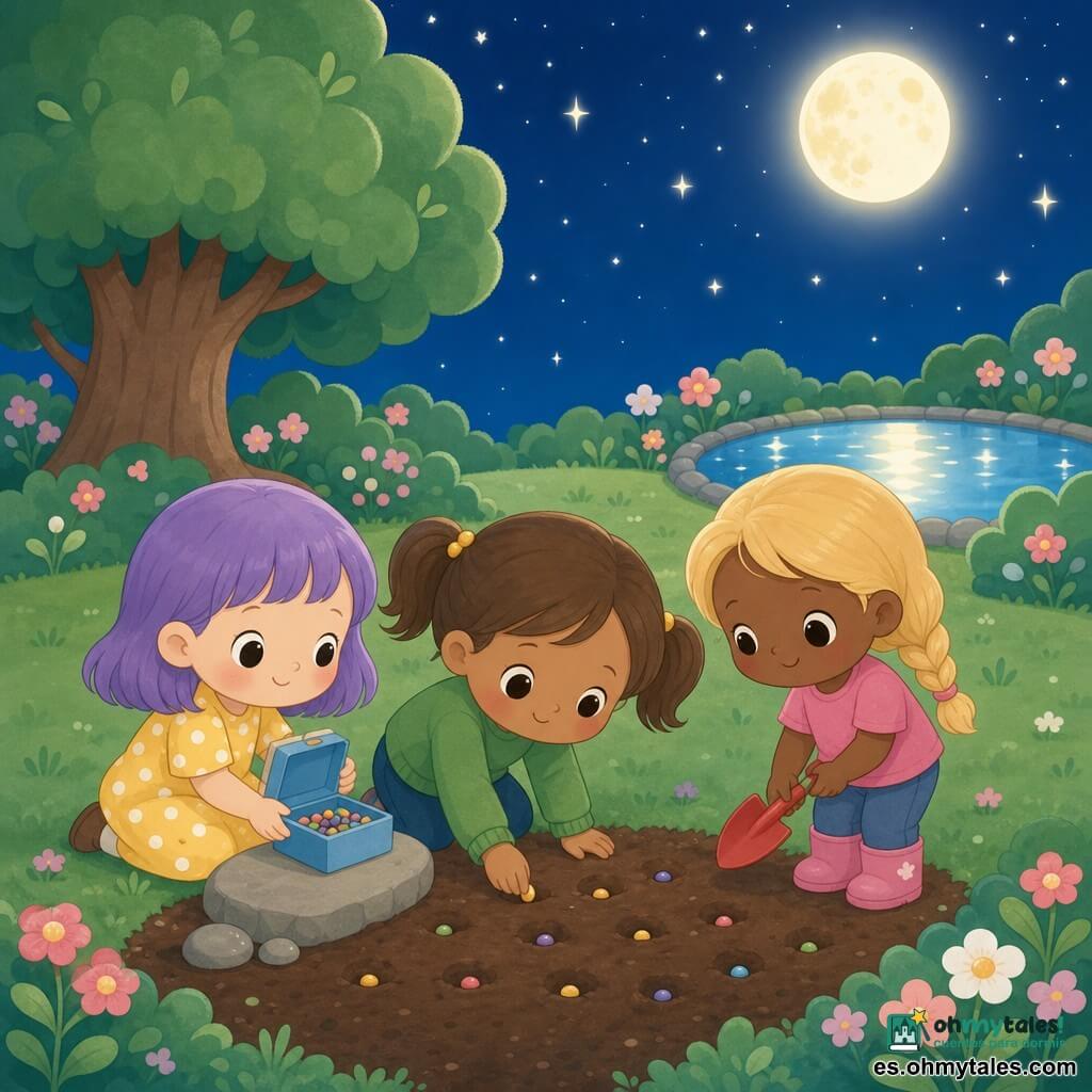 Tres niñas de 3 años plantan juntas semillas multicolores bajo la luna en un jardín nocturno: a la izquierda, una niña de cabello corto violeta con vestido amarillo y lunares blancos, de rodillas sosteniendo una cajita azul abierta con semillas; en el centro, una niña de cabello castaño en coletas con suéter verde, inclinada poniendo una semilla en la tierra con una leve sonrisa; a la derecha, una niña de cabello rubio trenzado con camiseta rosa, sosteniendo una mini pala roja y lista para regar; césped verde, flores rosas y blancas, un gran árbol a la espalda izquierda y un estanque circular que refleja la luna a la derecha, atmósfera tierna y colaborativa con luz suave y tonos pastel.