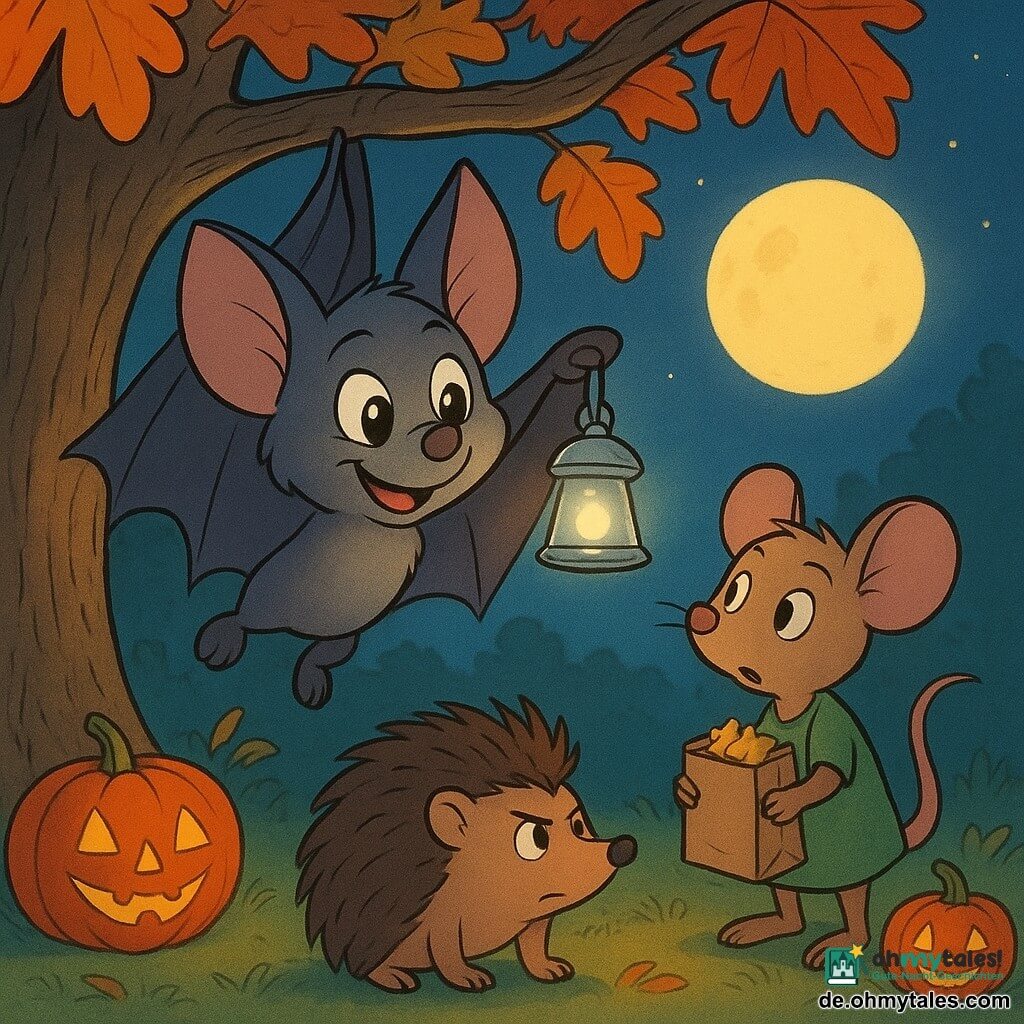 Eine kleine Fledermaus namens Flitzi, mit leuchtenden Augen und einem mutigen Lächeln, hält eine kleine silberne Glocke, die ein sanftes Leuchten ausstrahlt. Flitzi hängt an einem Ast einer großen Eiche, umgeben von bunten Herbstblättern. Neben ihr hält eine Maus namens Matilda, mit einem neugierigen Blick, eine kleine Papiertüte voller kleiner Papiersterne. Ein Igel namens Bruno, mit entschlossenem Ausdruck, steht auf dem Boden und schaut zu Flitzi hinauf. Eine kleine Lichtung, die im sanften Mondlicht gebadet ist, mit lächelnden geschnitzten Kürbissen, die verstreut herumliegen, dient als Kulisse. Die Szene zeigt den Moment, in dem Flitzi und ihre Freunde "Mutsterne"-Tütchen für die Kinder des Dorfes vorbereiten und eine warme und magische Halloween-Atmosphäre schaffen.
