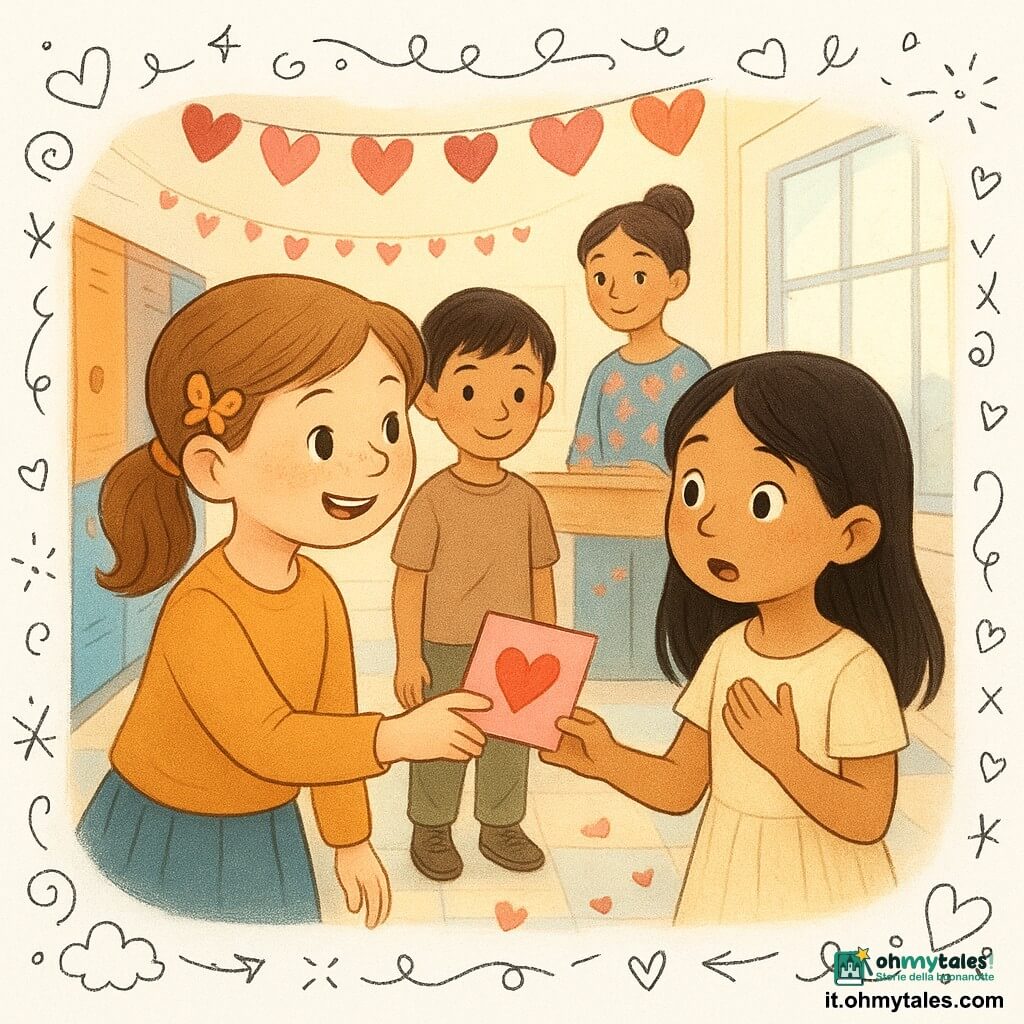 Viola, 8 anni, viso rotondo, lentiggini, capelli castano chiaro raccolti con una molletta a farfalla, espressione gioiosa, tende una cartolina rosa con un cuore; Samuele, 8 anni, capelli castani corti, pantaloni cargo, sorriso timido, in piedi dietro Viola mentre la osserva; Sofia, 8 anni, capelli neri lisci, vestito chiaro, seduta vicino alla finestra, sorpresa ed emozionata, prende la cartolina con una mano e poggia l’altra sul cuore; la maestra Lucia (~30 anni), capelli raccolti, abito colorato, sorveglia la scena da un banco; ambientazione: corridoio/angolo ricreazione di una scuola primaria con casellari colorati, ghirlande di cuori rossi e rosa, luce morbida dalla finestra, atmosfera festosa con bambini che sorridono e scambiano cartoncini, coriandoli di carta e cuori disegnati in sovraimpressione.