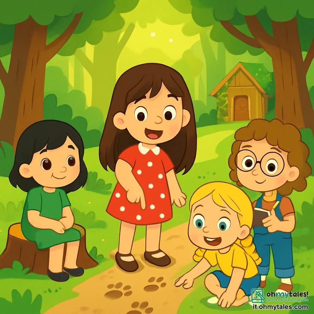 Ci sono 4 bambini: - Sara: una ragazza di 6 anni con lunghi capelli castani e occhi scintillanti, indossa un vestito rosso a pois bianchi e si trova al centro, indicando le impronte nel terreno. - Giulia: una ragazza di 5 anni con capelli biondi intrecciati e un sorriso radioso, indossa una maglietta gialla e un pantaloncino di jeans, è accovacciata accanto a Sara, osservando le impronte con curiosità. - Martina: una ragazza di 6 anni con capelli castani ricci e occhiali rotondi, indossa una salopette blu, è leggermente indietro, tiene un piccolo quaderno e una matita, pronta a prendere appunti. - Anna: una ragazza di 5 anni con capelli neri e occhi dolci, indossa un vestito verde, è seduta su un ceppo d'albero, ascoltando attentamente le sue amiche. La scena si svolge in una foresta incantata con grandi alberi e foglie verdi brillanti. I raggi di sole filtrano tra il fogliame, creando motivi luminosi sul terreno coperto di muschio. In lontananza, una piccola casetta di legno, coperta di edera, emerge tra gli alberi, aggiungendo un tocco di mistero all'ambiente. I quattro bambini sono affascinati da impronte di passi nella terra umida, pronti a esplorare il sentiero segreto che porta alla misteriosa casetta, con eccitazione e curiosità sui loro volti.