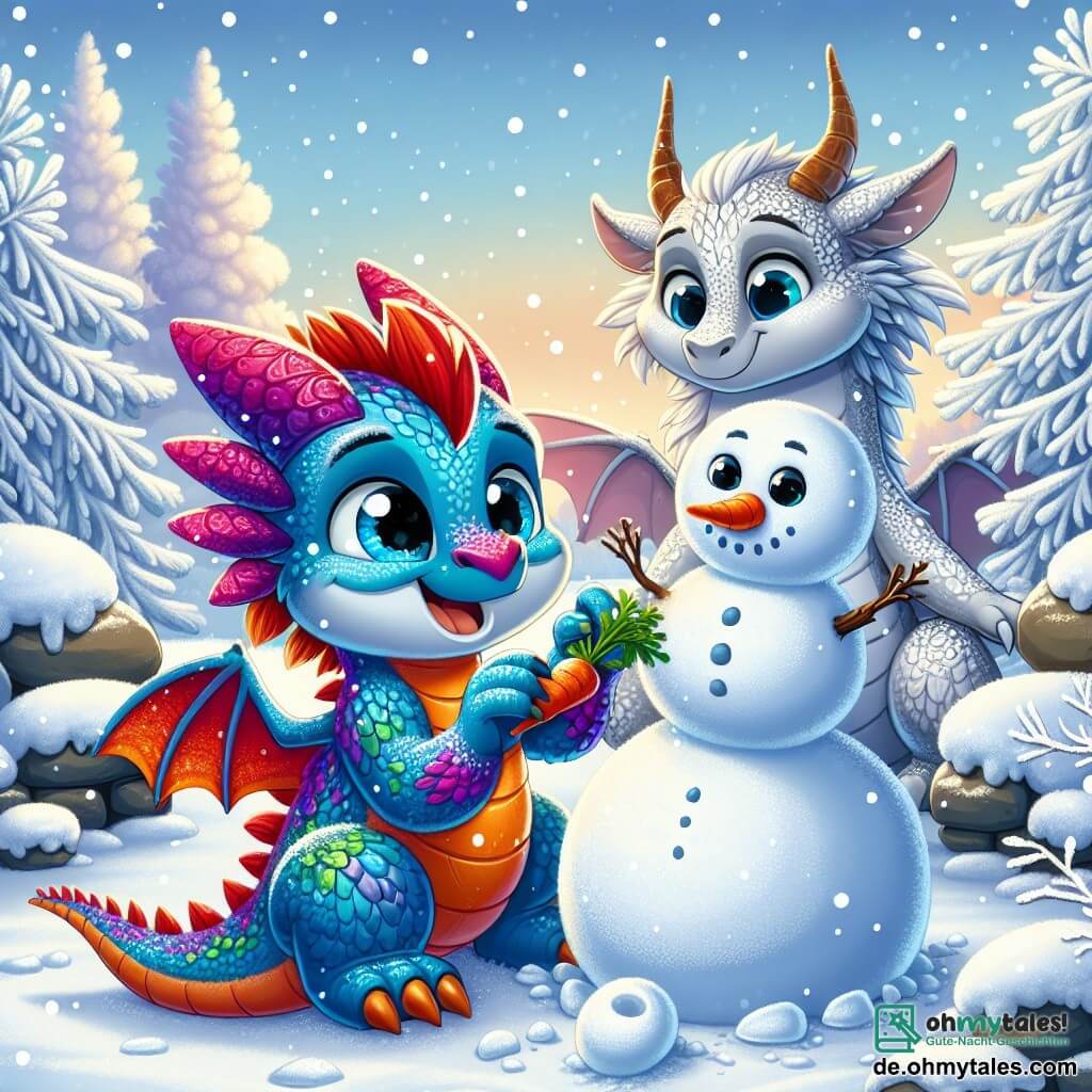 Ein kleiner Drache namens Knirps mit leuchtenden, bunten Schuppen baut einen Schneemann in einem verschneiten Garten. Er hat große, staunende Augen und ein fröhliches Lächeln, während seine kleinen, krallenartigen Pfoten vor Freude leuchten, während er den Schnee formt. Neben ihm beobachtet seine Mutter, eine sanfte Drachenmutter mit silbernen Schuppen, lächelnd und hält eine Karotte für die Nase des Schneemanns. Sie wirkt stolz und liebevoll, steht leicht im Hintergrund und ist bereit zu helfen. Der Garten ist mit einer dicken Schicht glitzernden Schnees bedeckt, die Bäume sind mit Frost beladen, und sanfte Schneeflocken fallen vom hellblauen Himmel. Knirps und seine Mutter teilen einen Moment der Freude und Kreativität, während sie den Schnee in einen niedlichen Schneemann verwandeln, während die Wintersonne sanft über ihnen scheint und eine magische, warme Atmosphäre schafft.