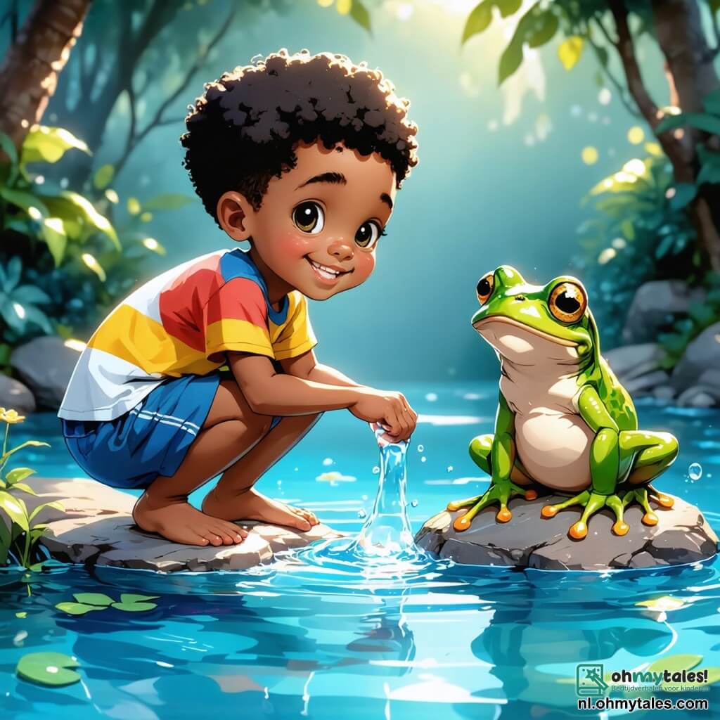 Kofi, een jongen van ongeveer 10 jaar, heeft grote nieuwsgierige ogen en een brede glimlach. Hij draagt een kleurrijk t-shirt en een lichte short, en hij hurkt bij een mooie, heldere en sprankelende zwembad, verwonderd over zijn spiegelbeeld. Naast hem springt Kwame, een kleine groene kikker met sprankelende ogen, vrolijk op een steen, met een vriendelijke uitstraling, alsof hij Kofi aanmoedigt om verder te verkennen. Op de achtergrond staat een majestueuze baobab met brede, loofrijke takken, terwijl kleurrijke bloemen en vogels met schitterende veren eromheen vliegen, wat een levendige en magische sfeer creëert. De scène toont Kofi die de schoonheid van de natuur ontdekt, terwijl hij aandachtig luistert naar de geluiden van de jungle, met een gevoel van verwondering en nieuwsgierigheid op zijn gezicht.